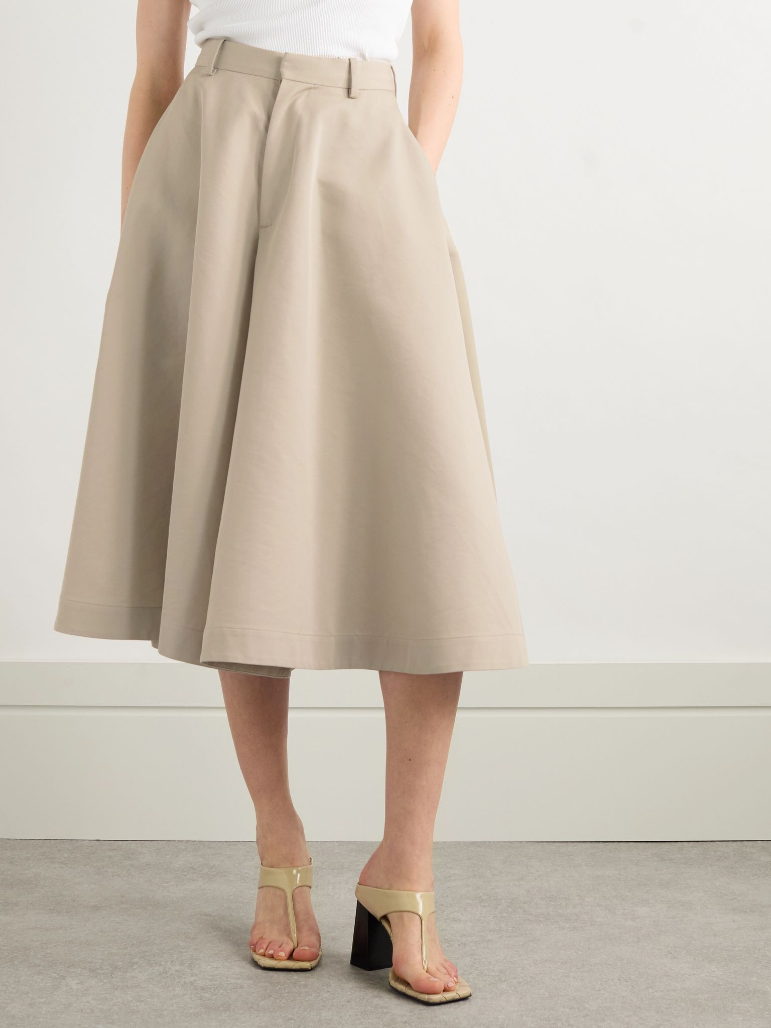 Cotton and silk-blend twill midi skirt Beige - 3