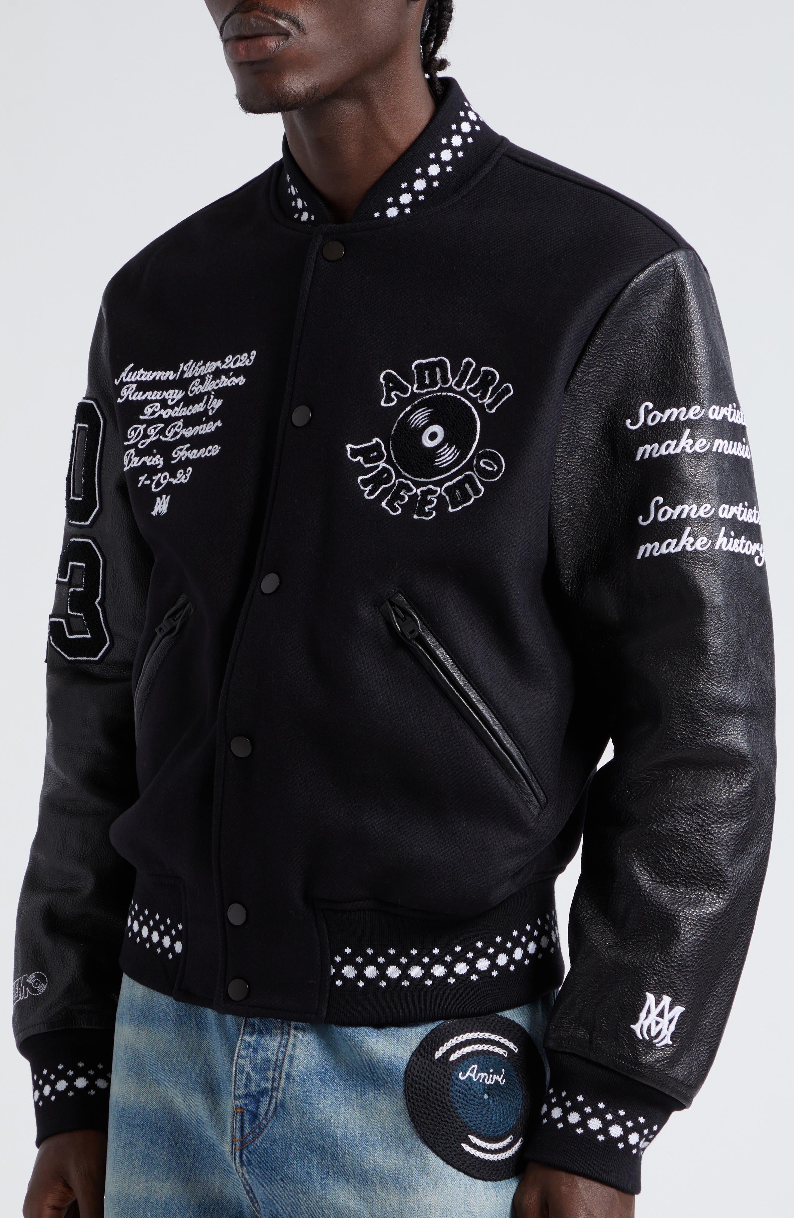 x Premier Records Patch Leather Sleeve Wool Blend Varsity Jacket - 4
