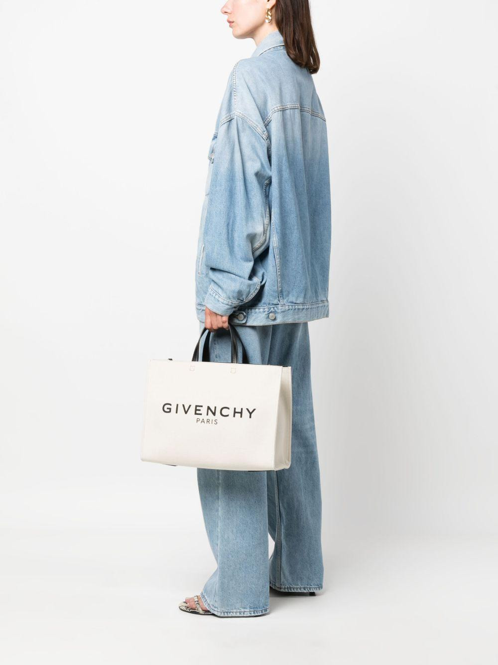 Beige cotton and linen canvas tote bag with signature at front and removable shoulder strap. - 2