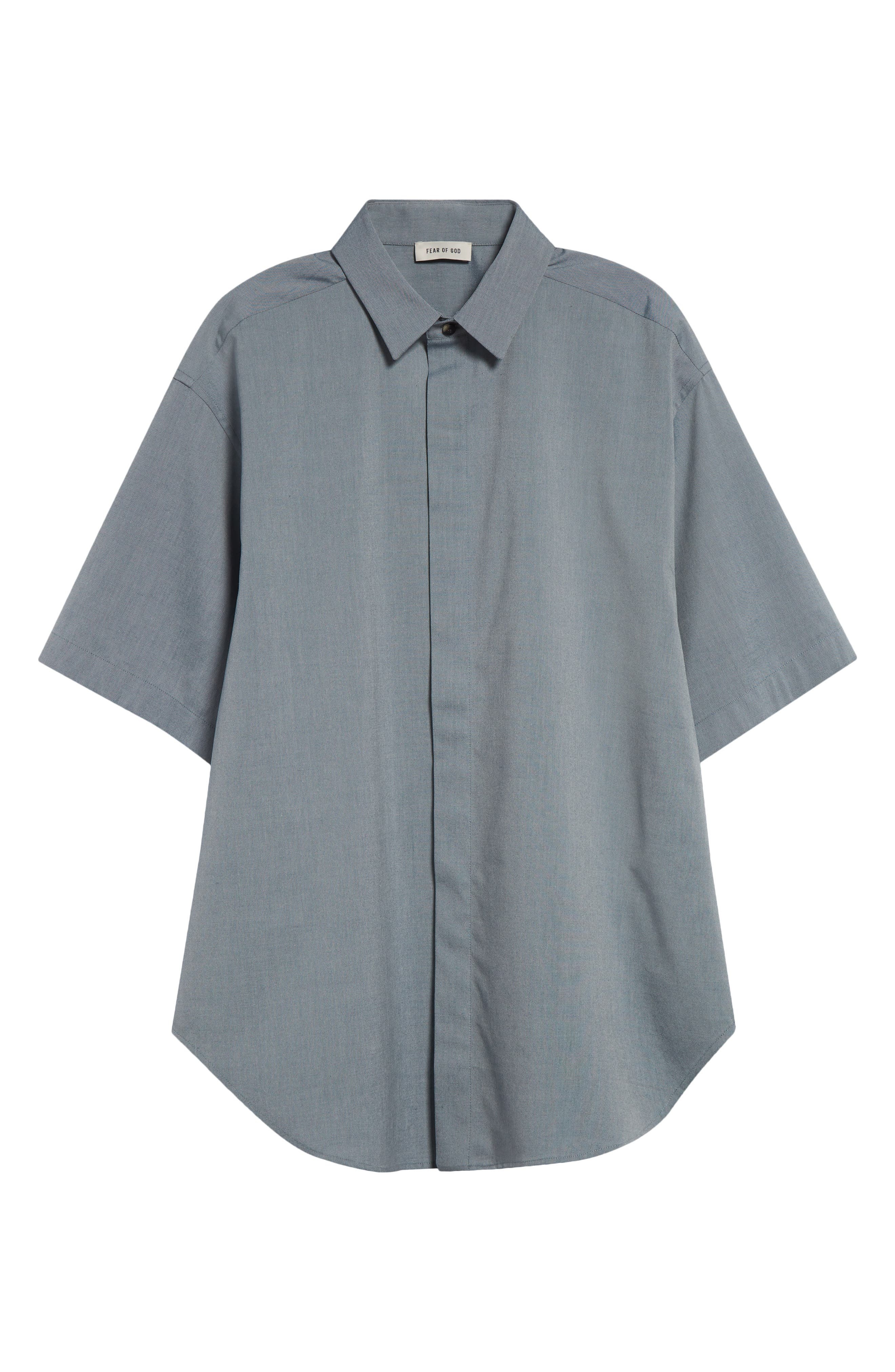 Fear of God Short Sleeve Cotton & Wool Stretch Oxford Button-Up Shirt in Melange Slate at Nordstrom - 6