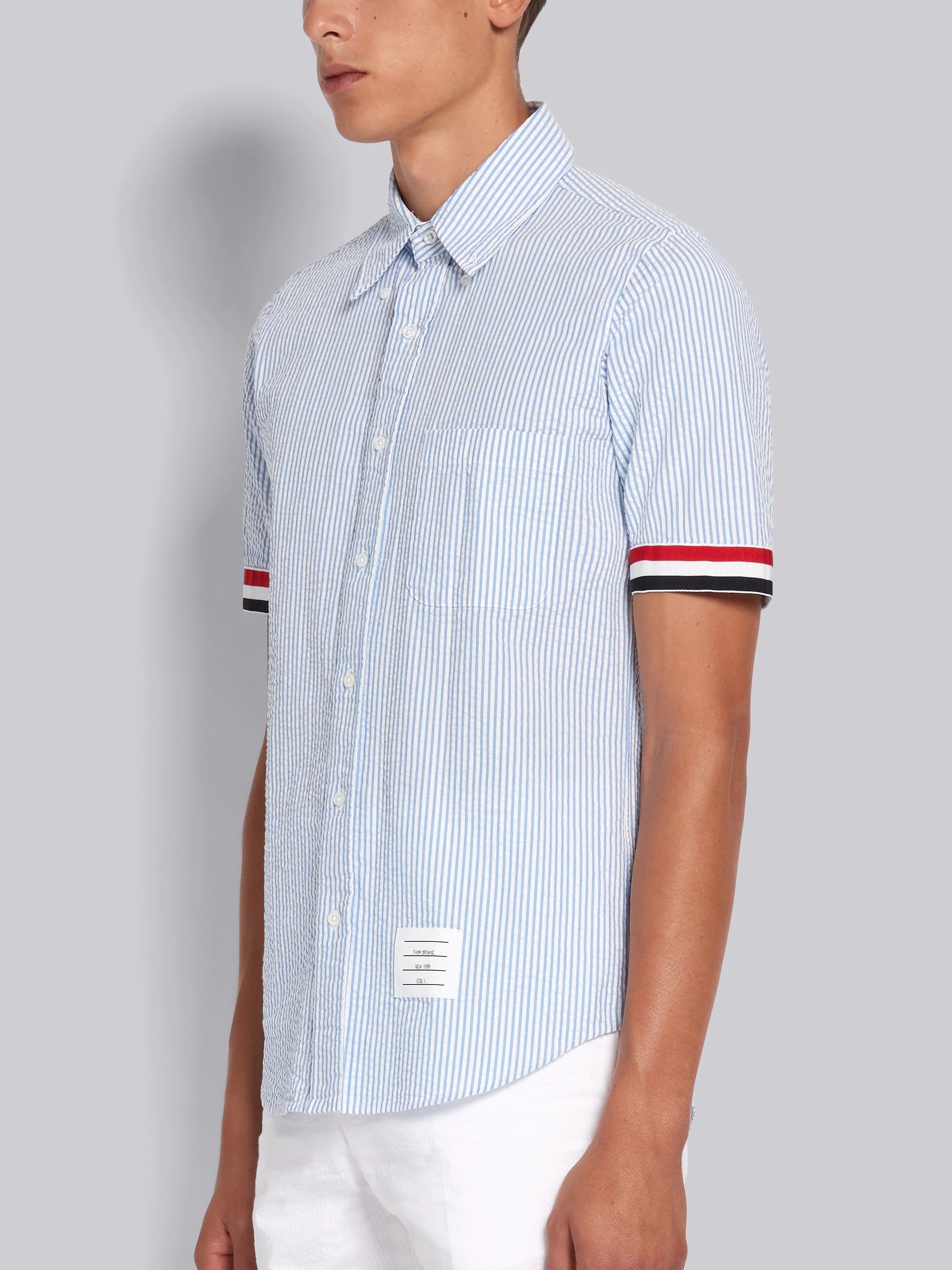 Light Blue Cotton Seersucker Grosgrain Cuff Straight Fit Short Sleeve Shirt - 2
