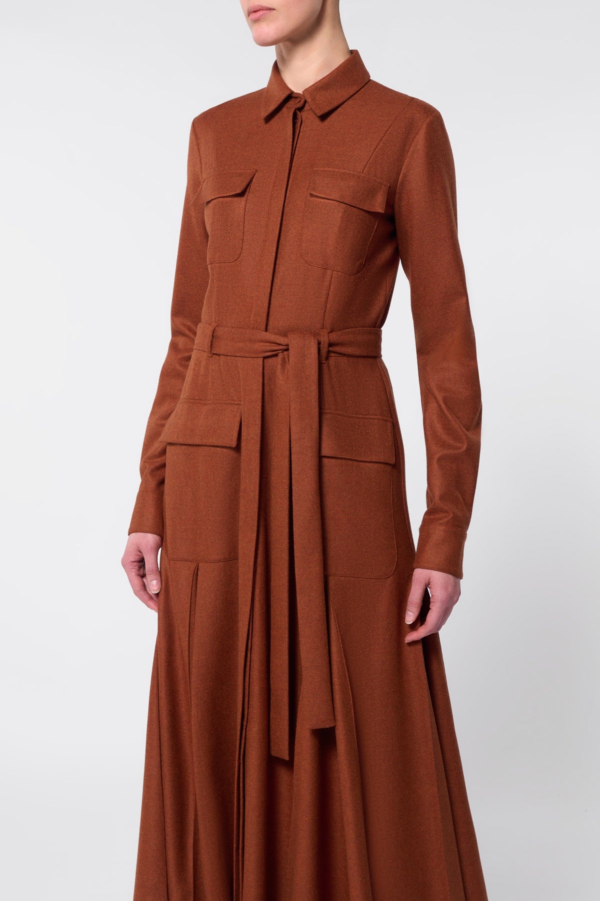 Roe Pleated Shirtdress in Rust Melange Virgin Wool Cashmere Flannel - 5