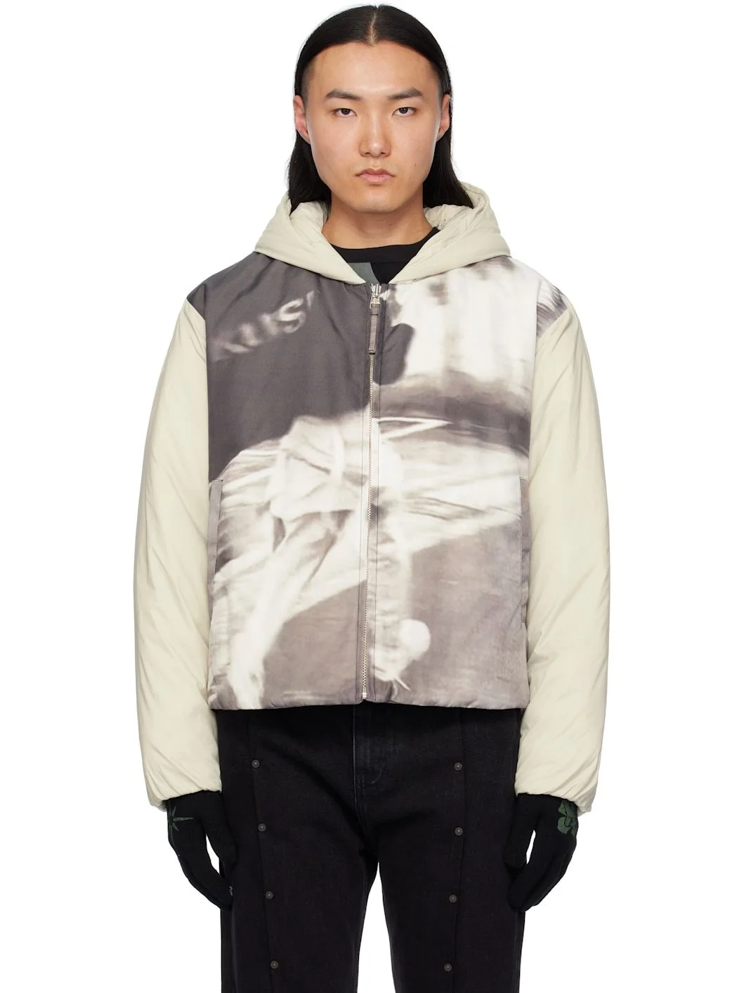 Off-White & Gray Padded Printed Jacket - 1