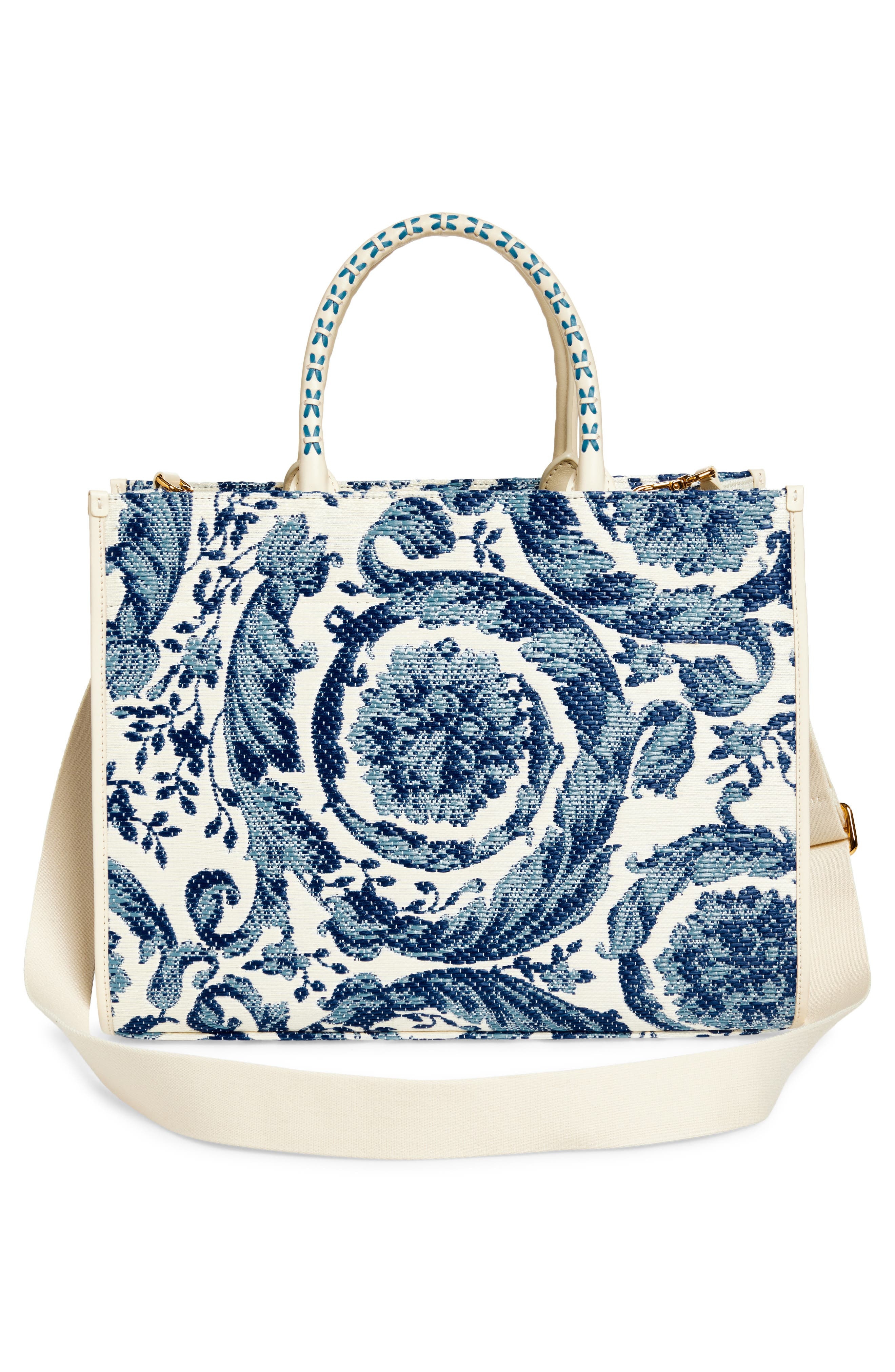 Versace Large Barocco Floral Raffia Tote in Eggshell/Bright Blue at Nordstrom - 4