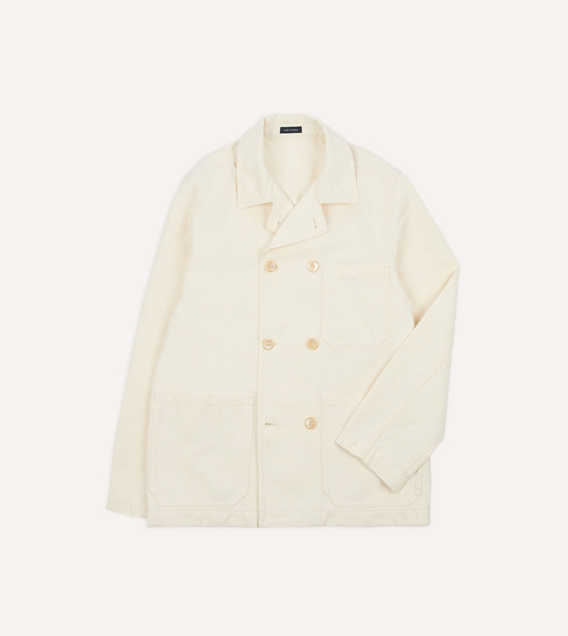 Ecru Cotton-Linen Double-Breasted Chore Coat - 1