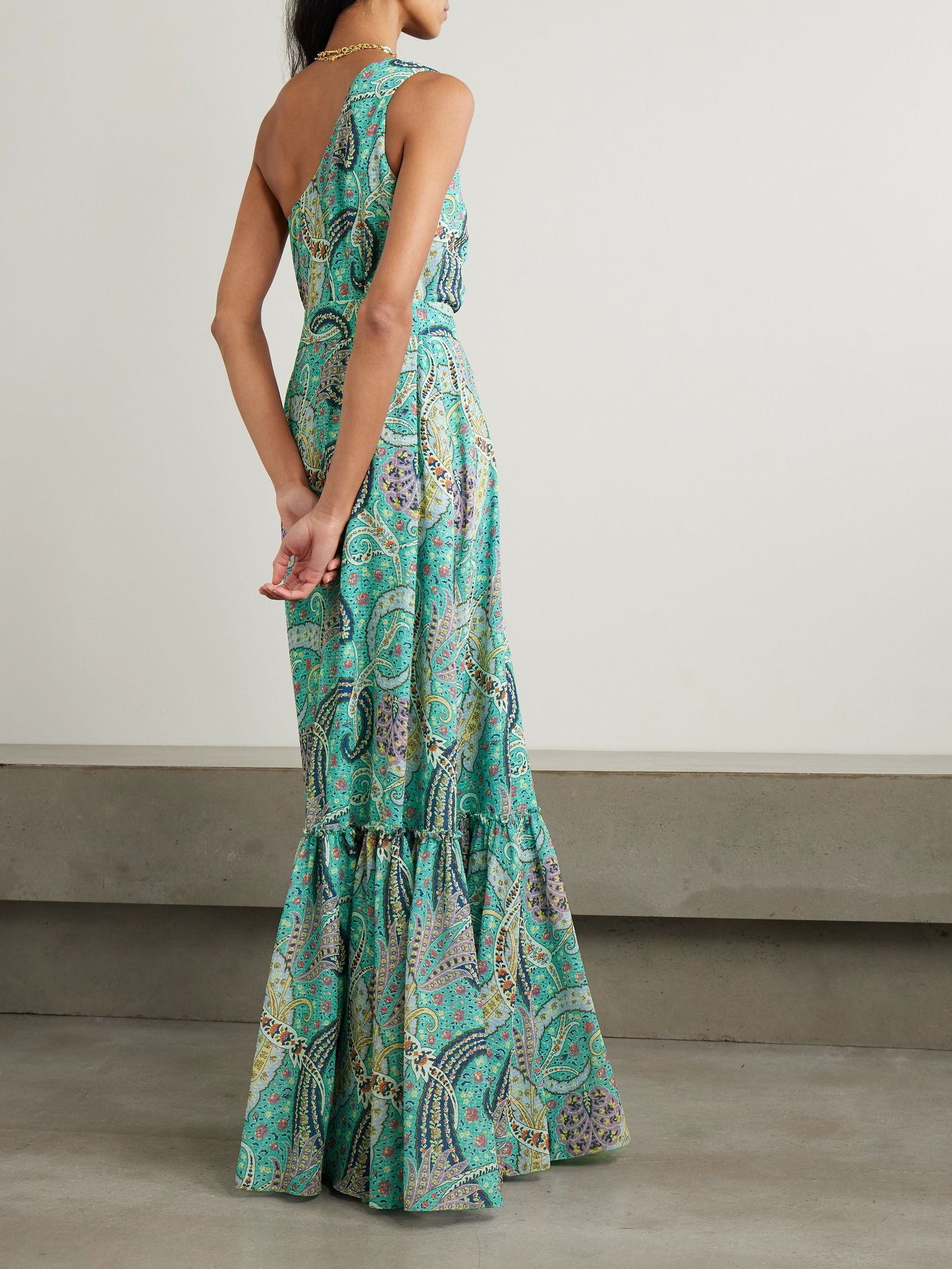 One-shoulder belted printed satin-jacquard maxi dress Light blue - 3