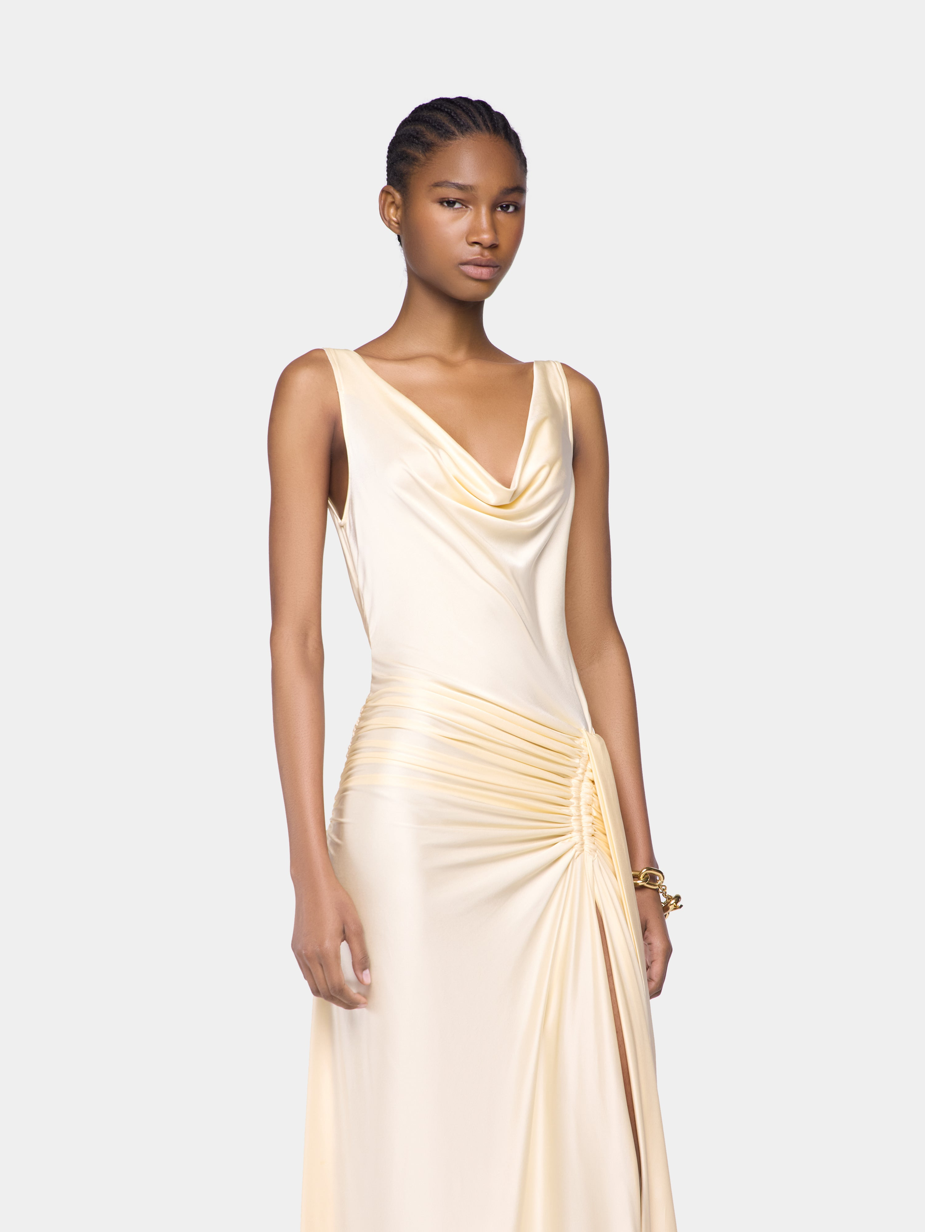 CREAM LONG SLEEVELESS DRESS IN JERSEY - 2