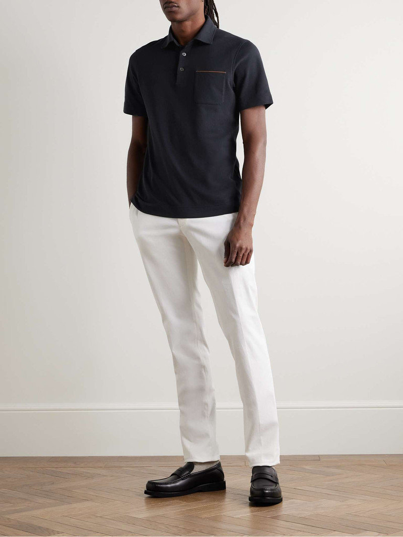 ZEGNA Leather-Trimmed Cotton-Piqué Polo Shirt outlook