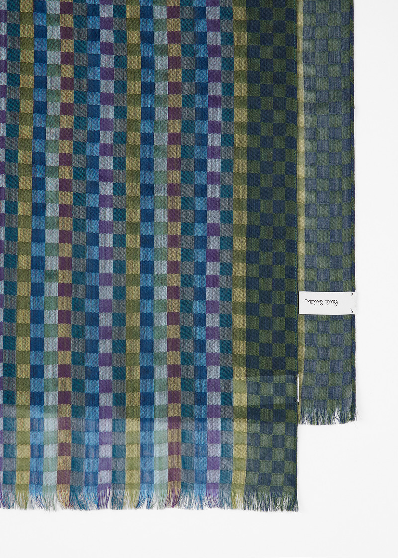 Paul Smith Teal Blue Check Merino Wool-Silk Blend Scarf outlook