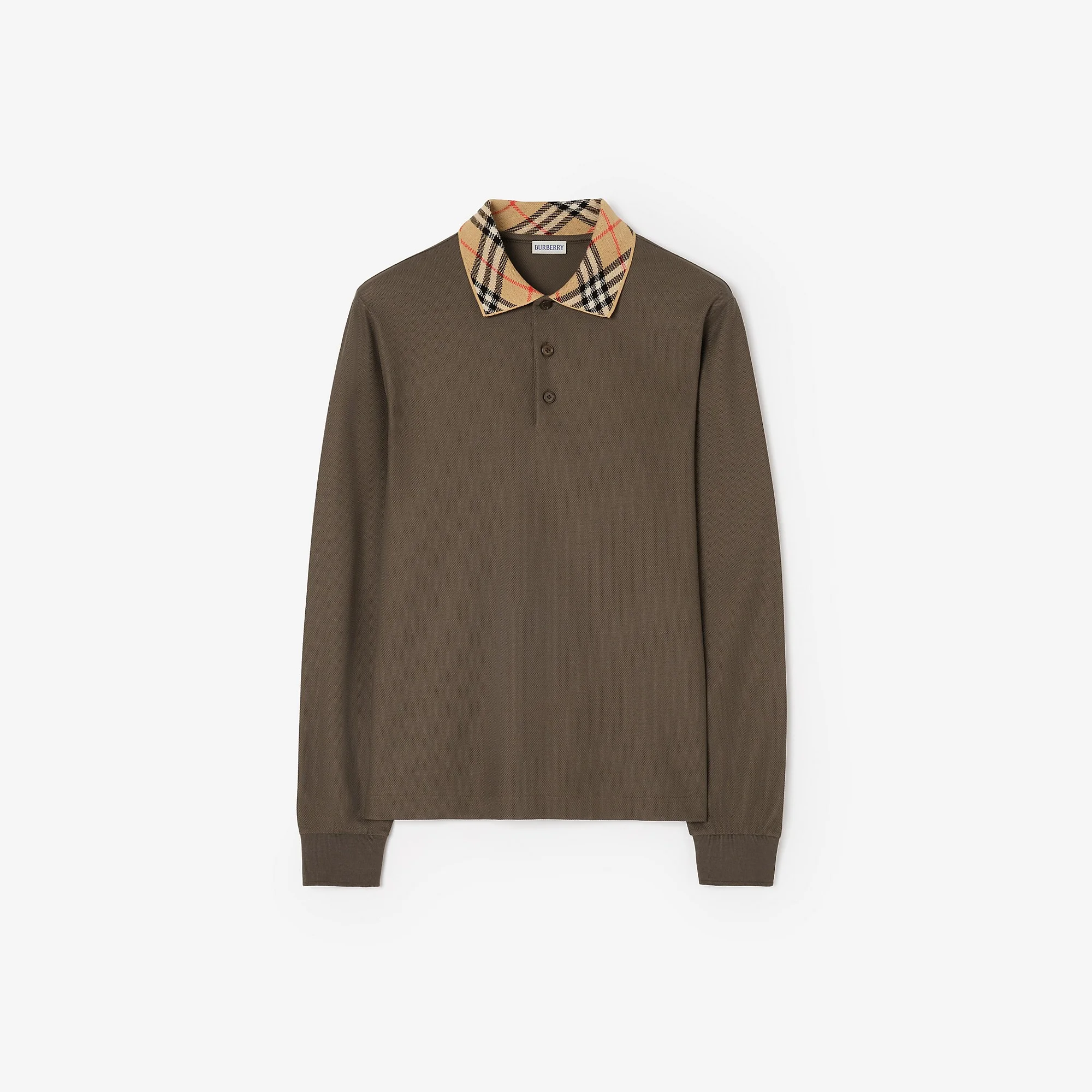 Long-sleeve Check Collar Cotton Polo Shirt - 1