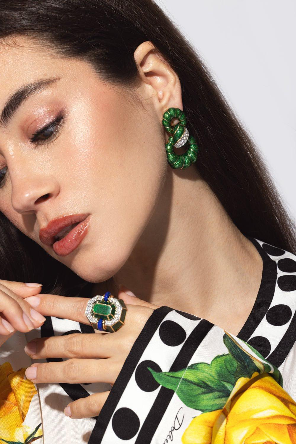 Green Enamel Fancy Hoop Earrings - 2