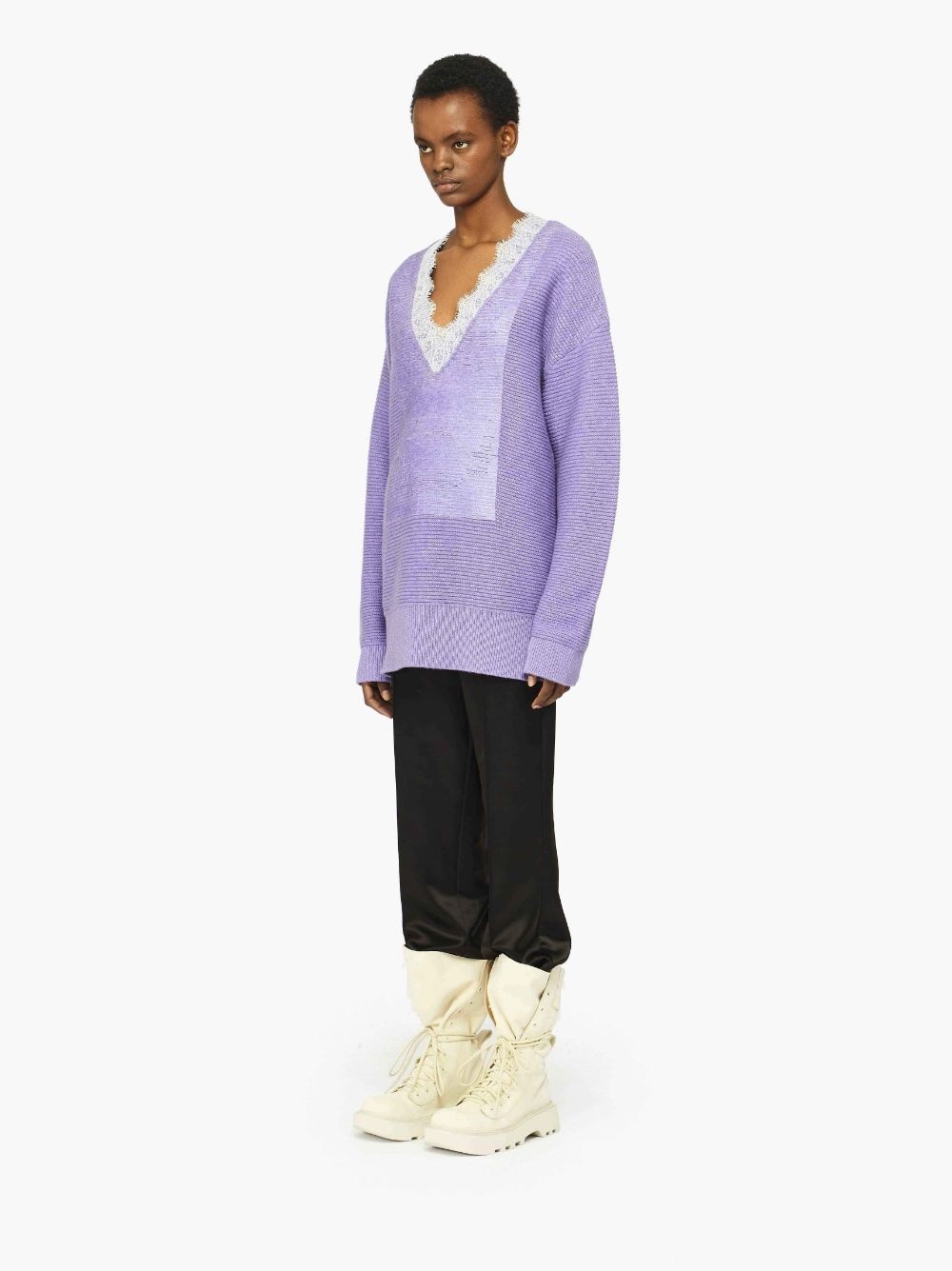 V-NECK LACE TRIM SWEATER - 4