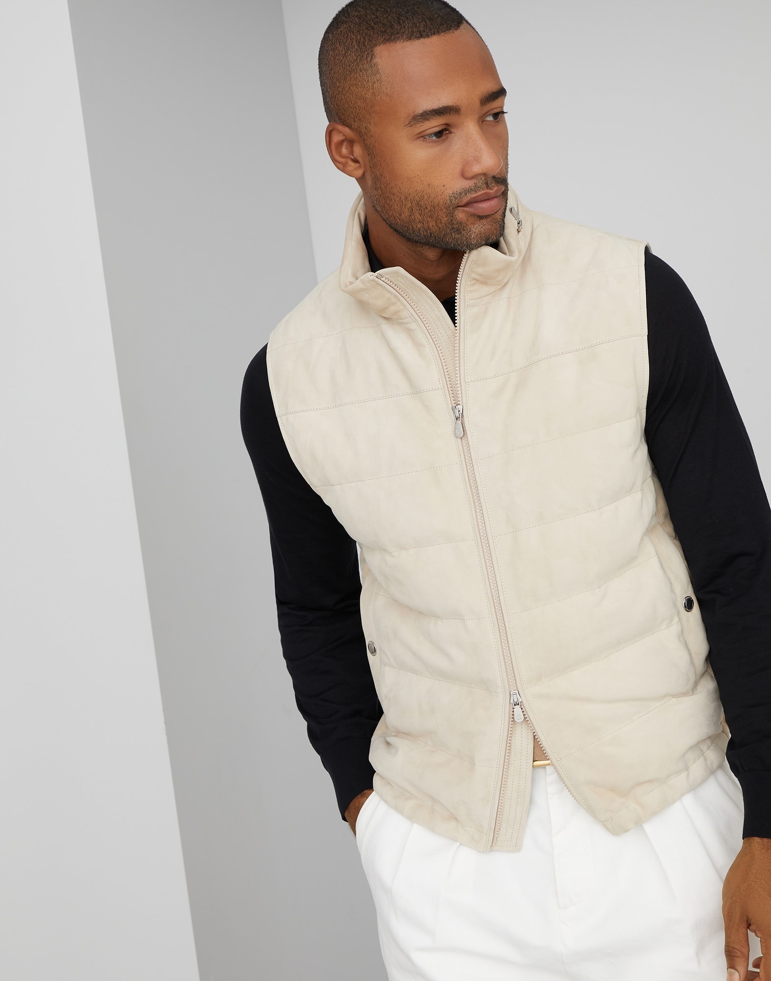 Suede down vest with packable hood - 1