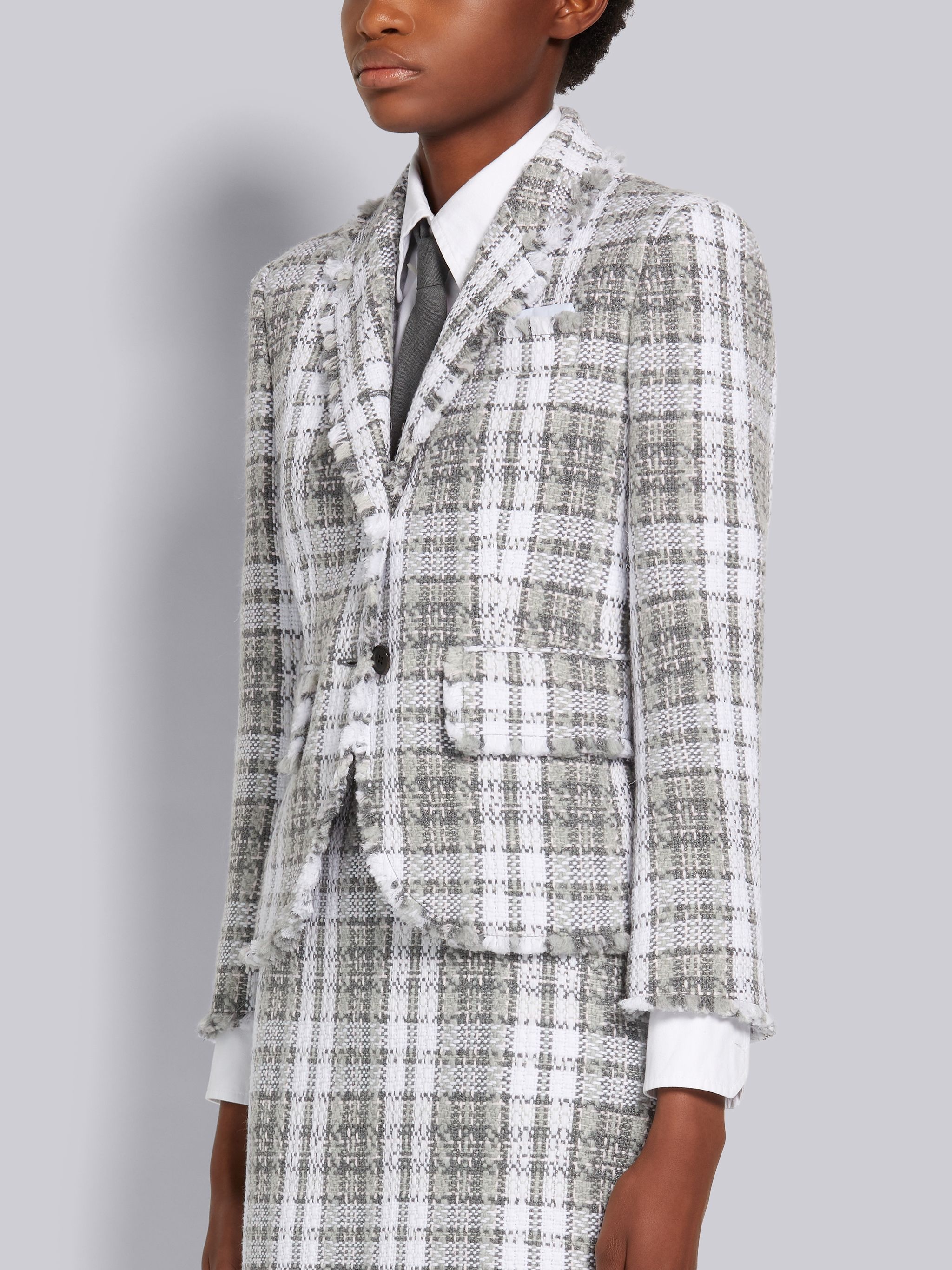 Medium Grey Tartan Check Tweed Frayed High Armhole Sport Coat - 2