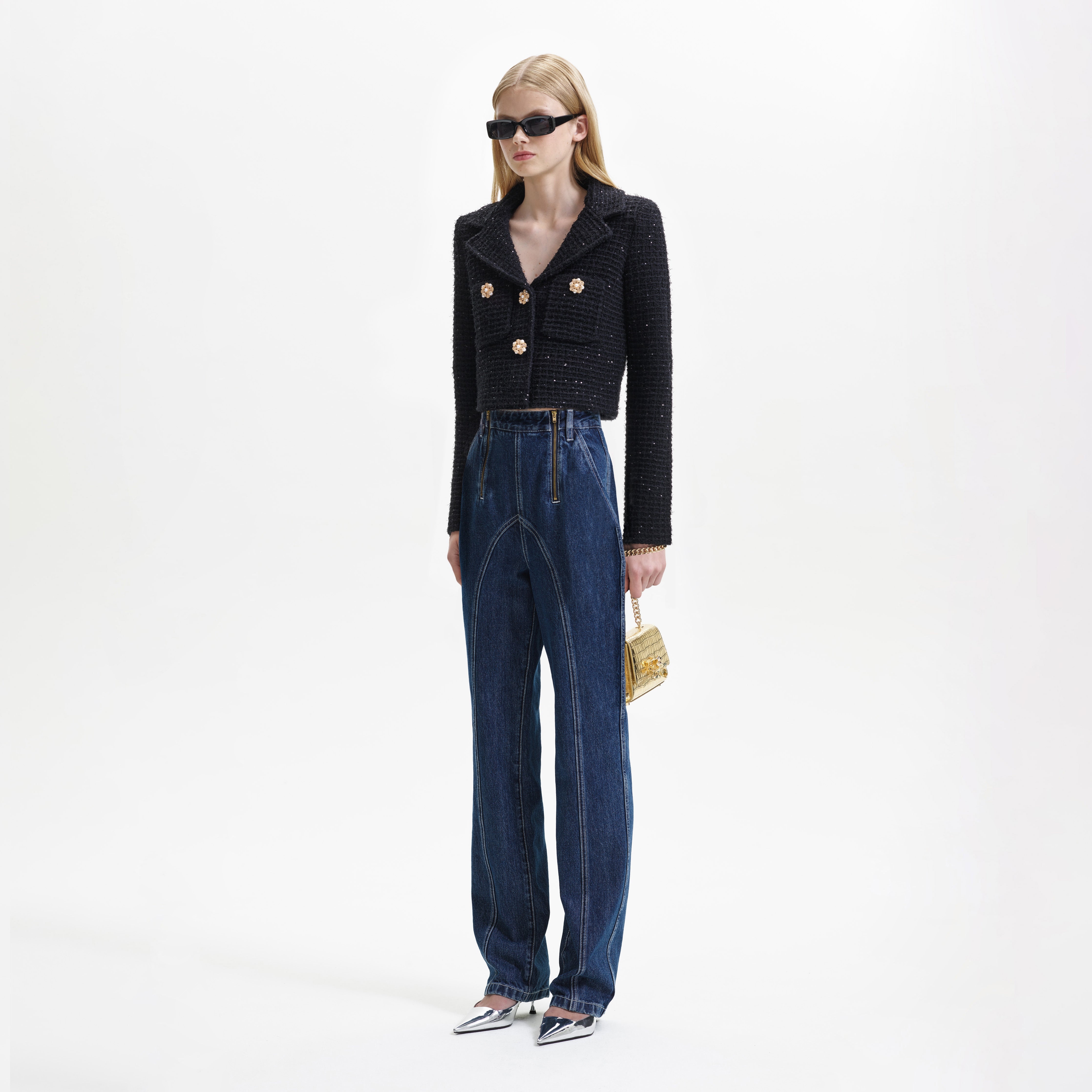 Black Sequin Textured Knit Jacket - 2