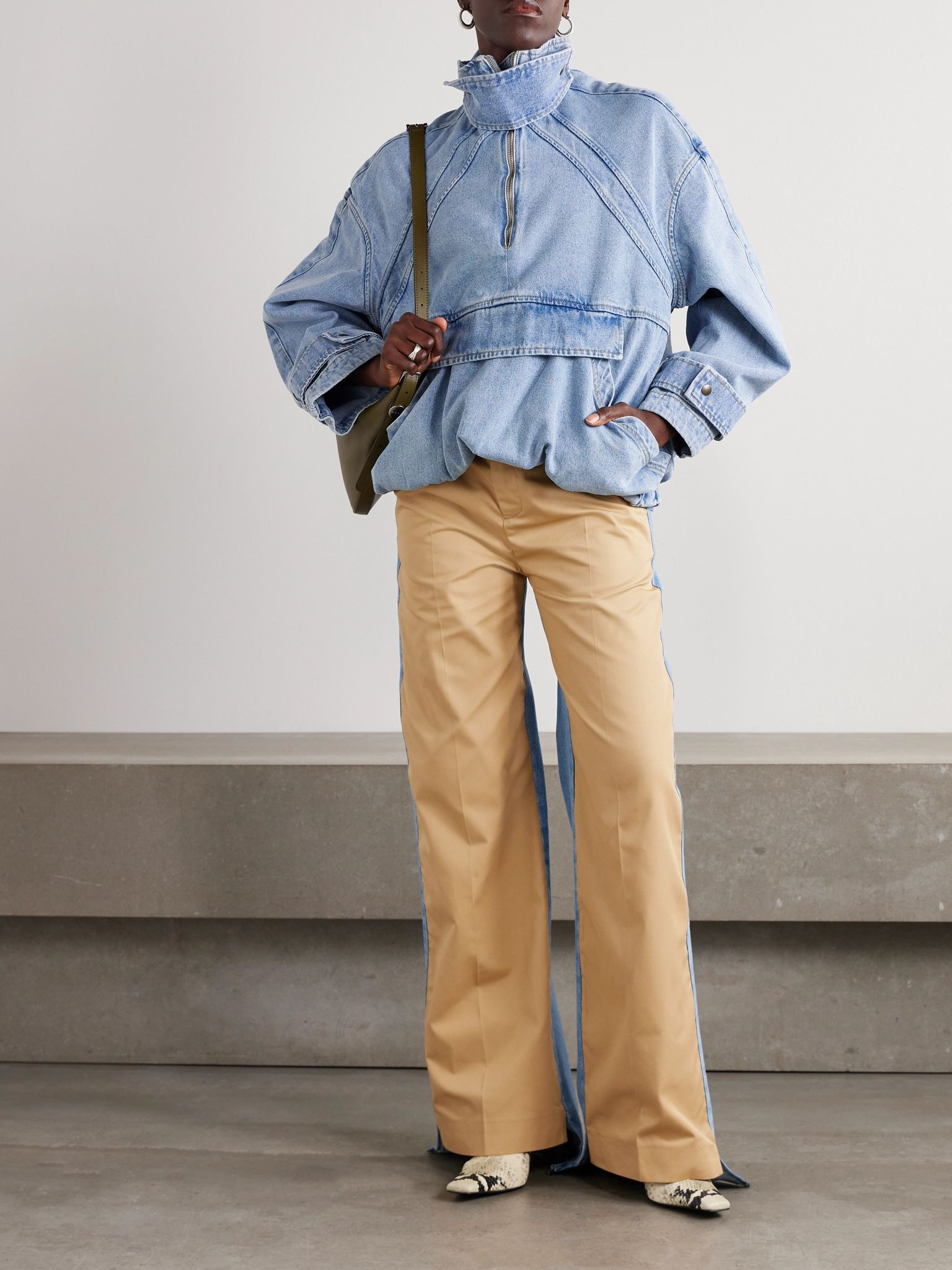 Denitrouser pleated cotton-twill and denim straight-leg pants Camel - 2