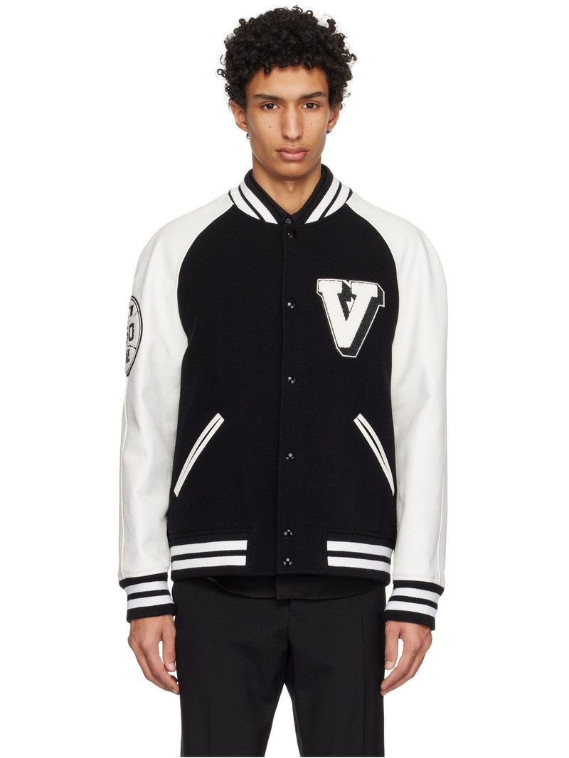 logo-patch leather sleeve bomber jacket 1