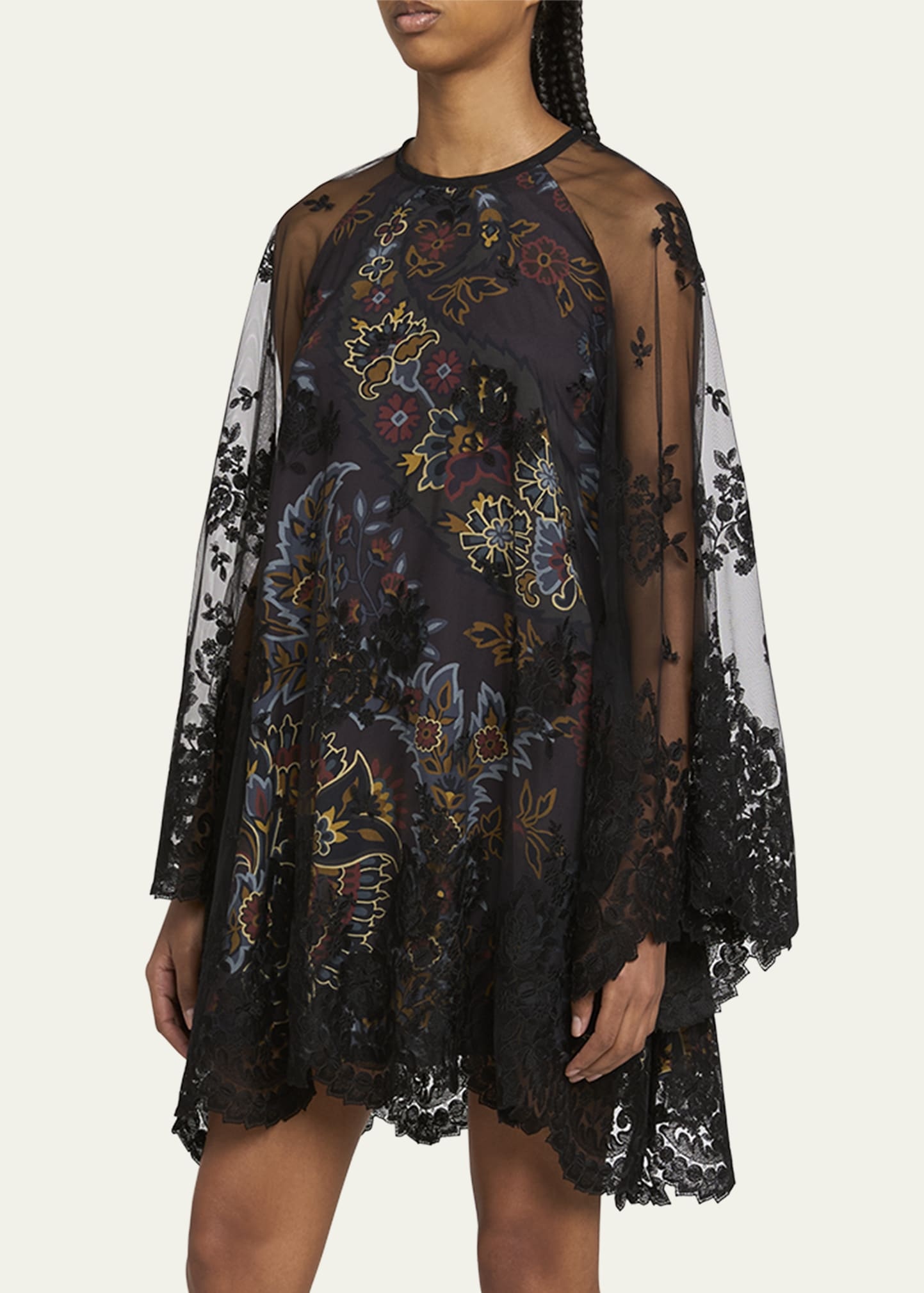 Printed Floral Embroidered Kimono Sleeve Mini Dress - 4