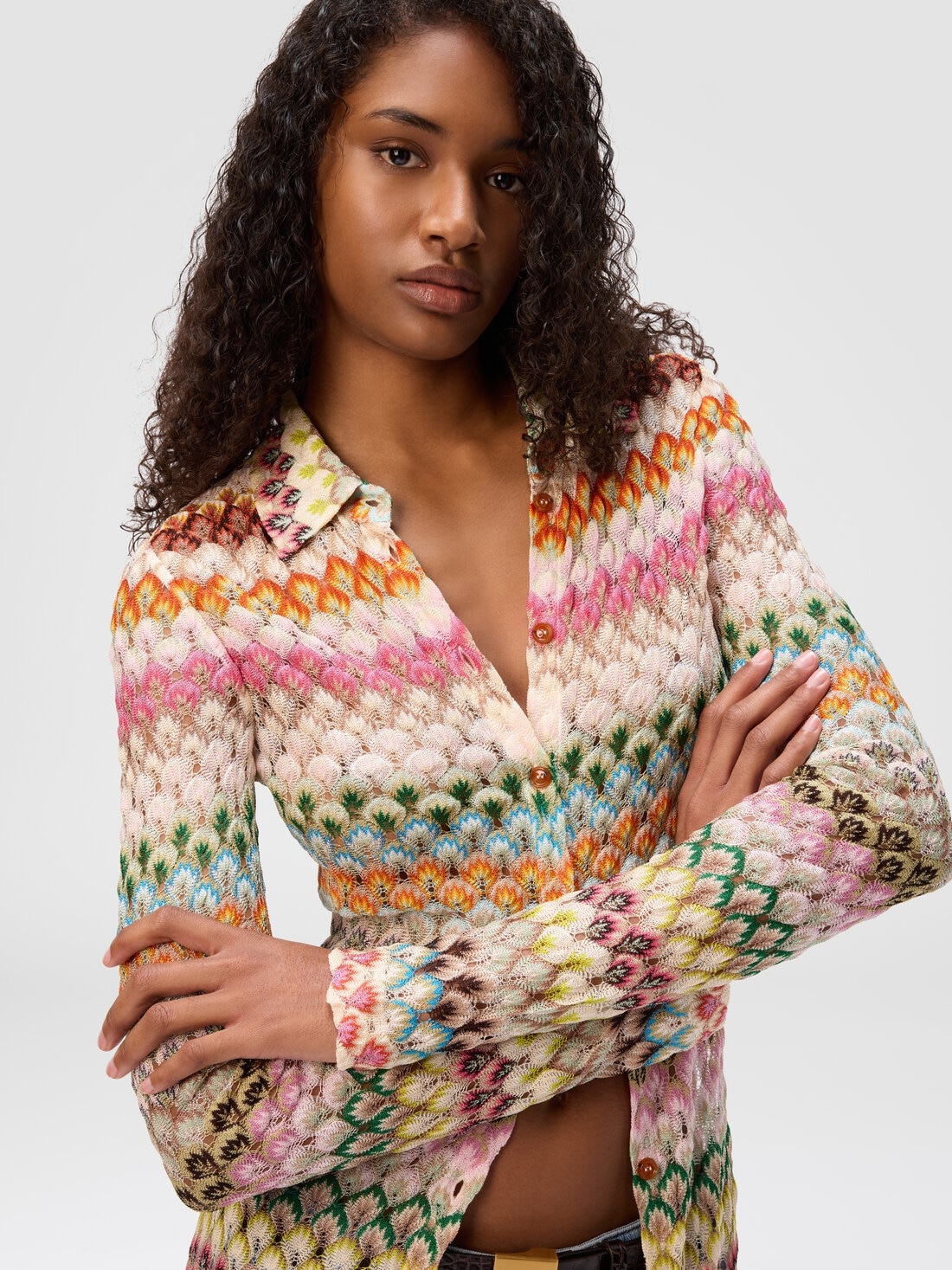 Slim cardigan with striped lace collar - 5