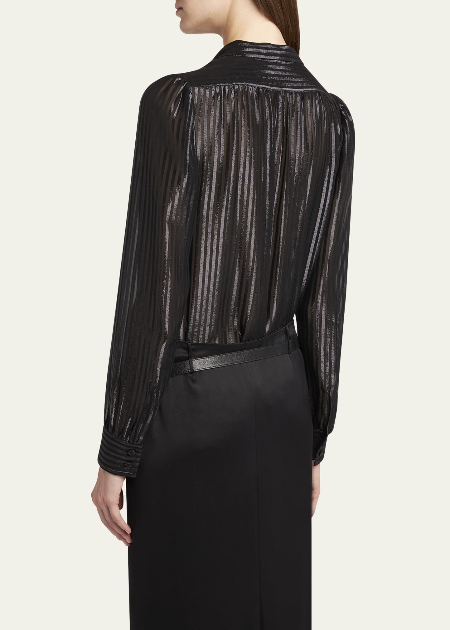 Metallic Striped Lavalliere Plunging Blouse - 3