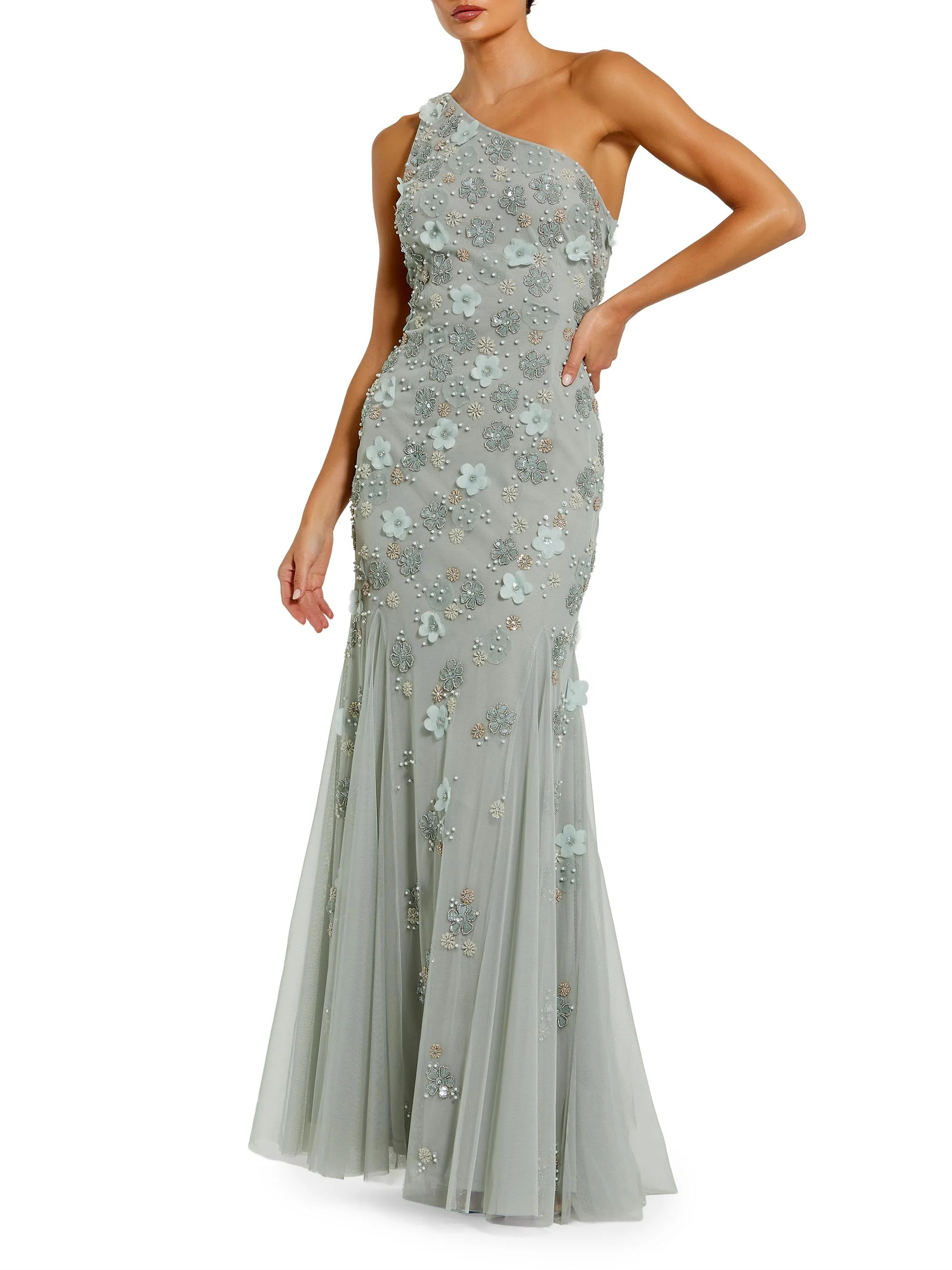 Women's Floral Appliqué One-Shoulder Gown - Sage - 1