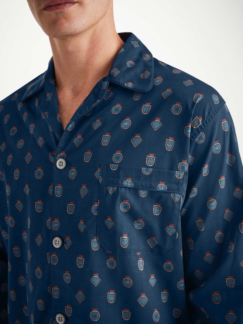 Men's Classic Fit Pajamas Cotton Batiste Navy Badge Print - 3