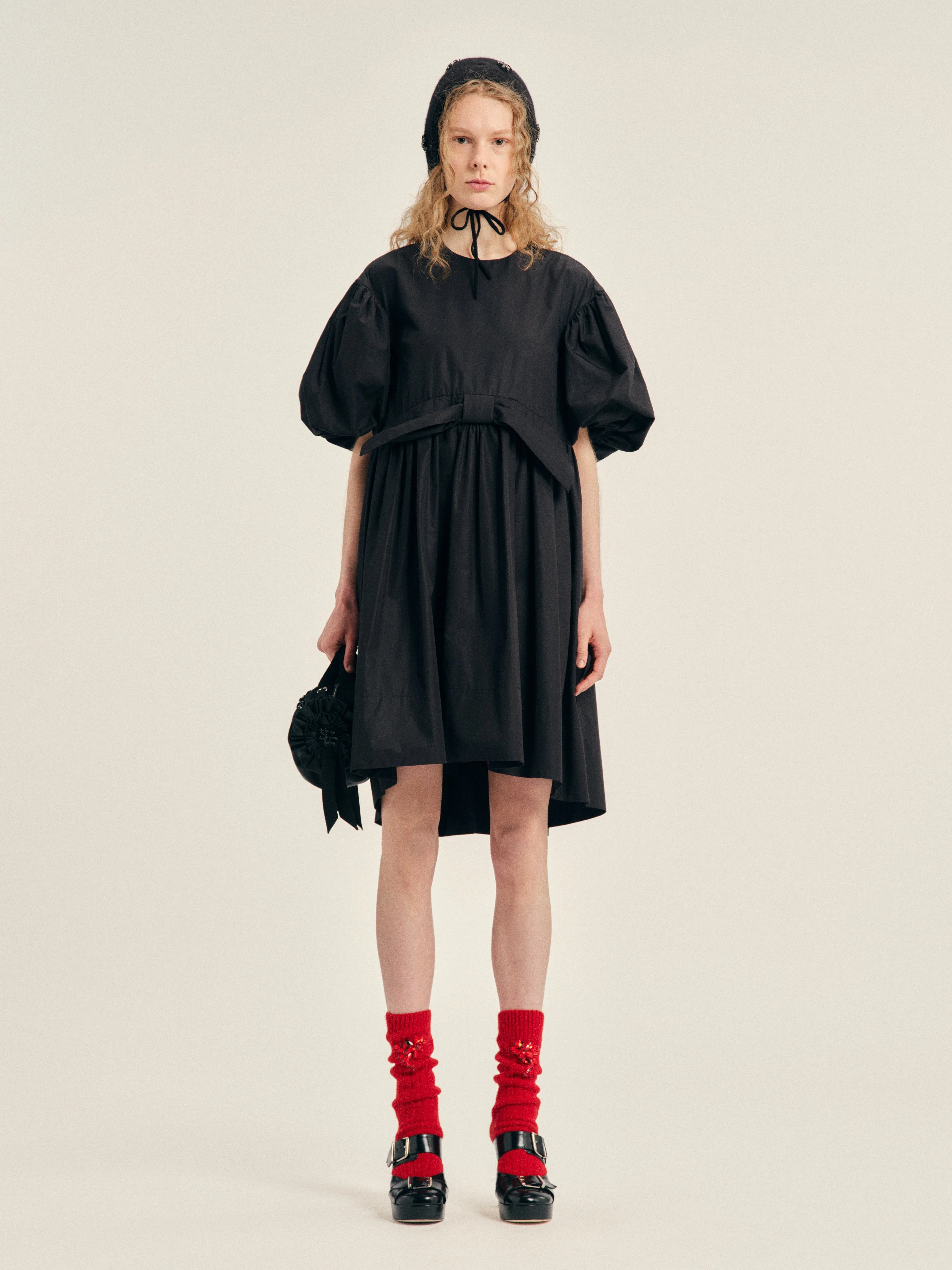 Puff Sleeve Gathered Bow Smock Dress - 1