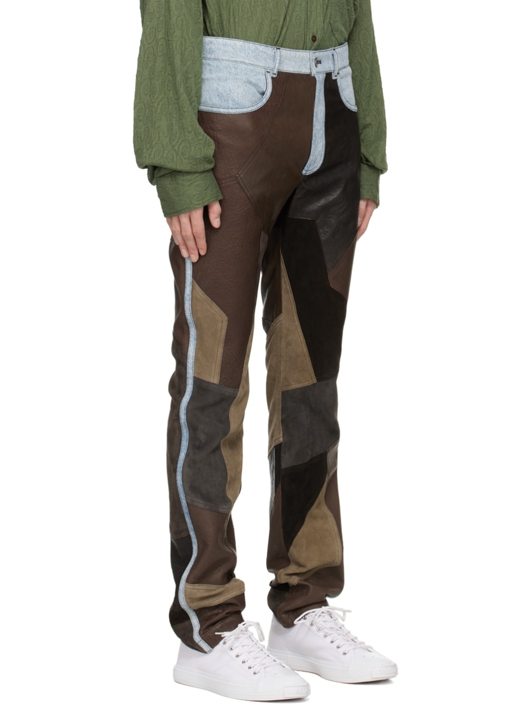 Brown Patchwork Leather Pants - 2