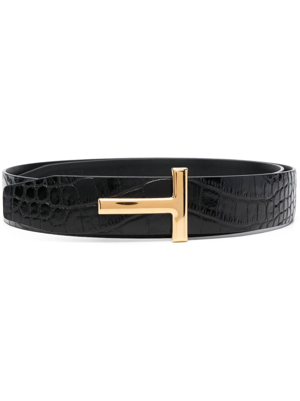 crocodile-embossed shiny leather belt - 1