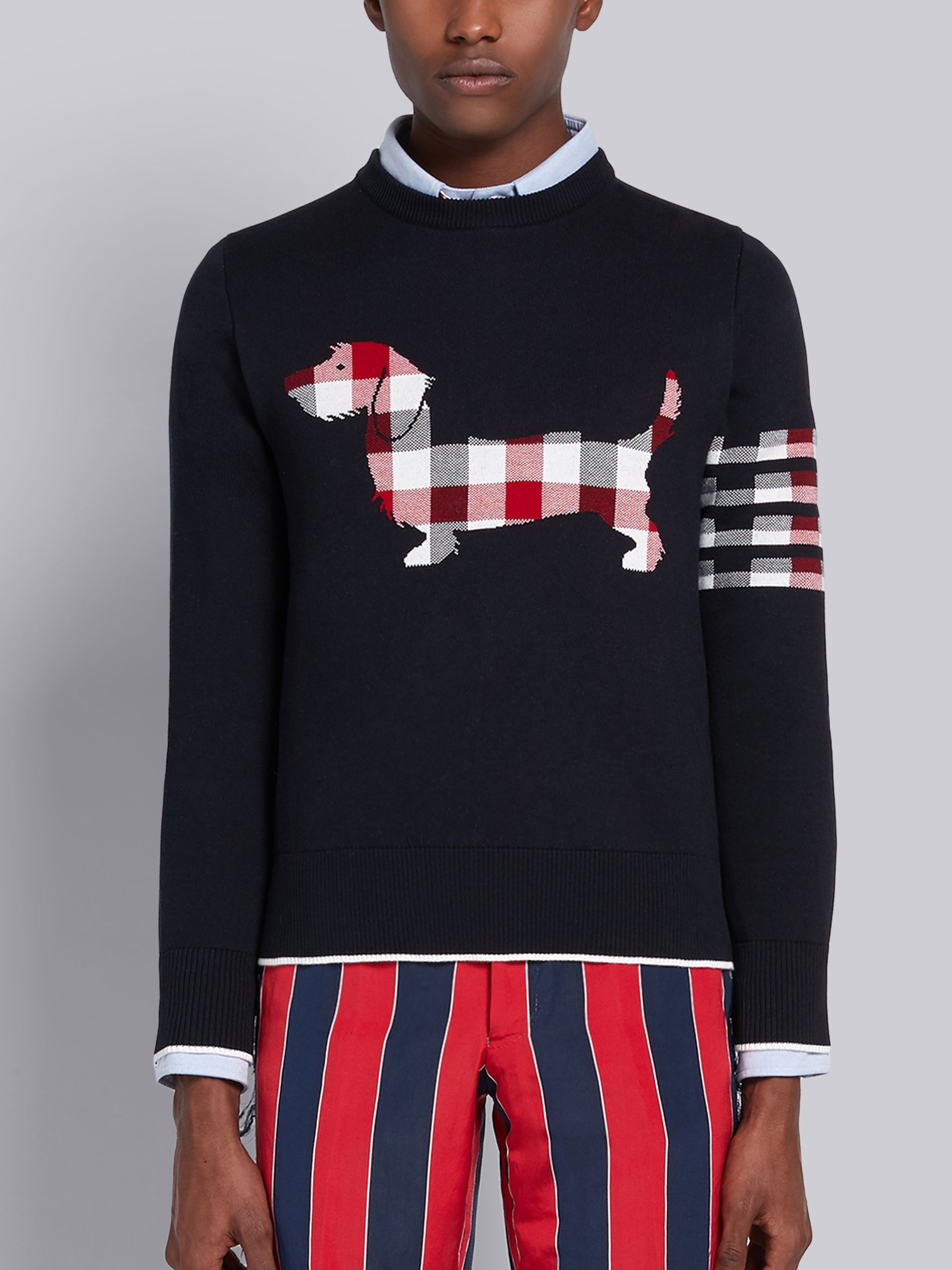 Navy Cotton Crepe Buffalo Check Jacquard Hector Icon Crewneck 4-Bar Pullover - 1