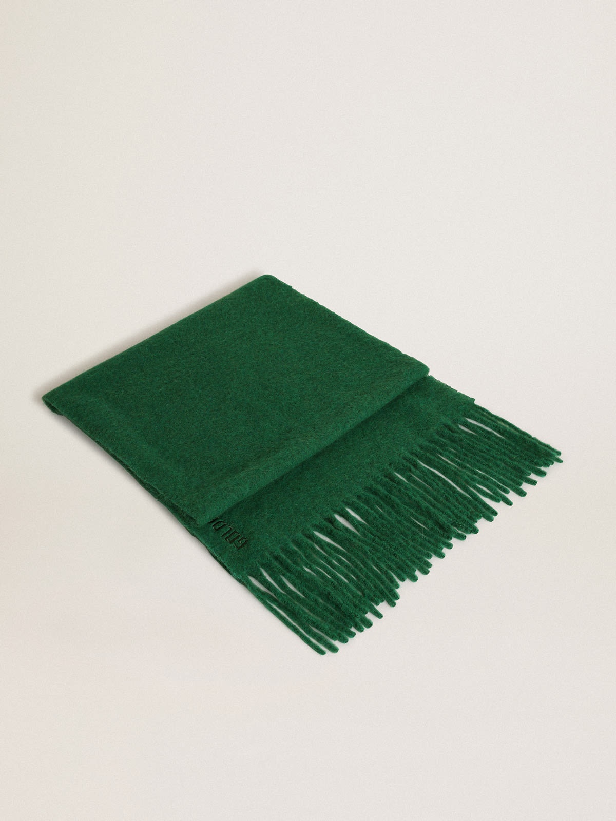 Dark green wool scarf with fringing and tone-on-tone ‘Golden’ lettering - 1