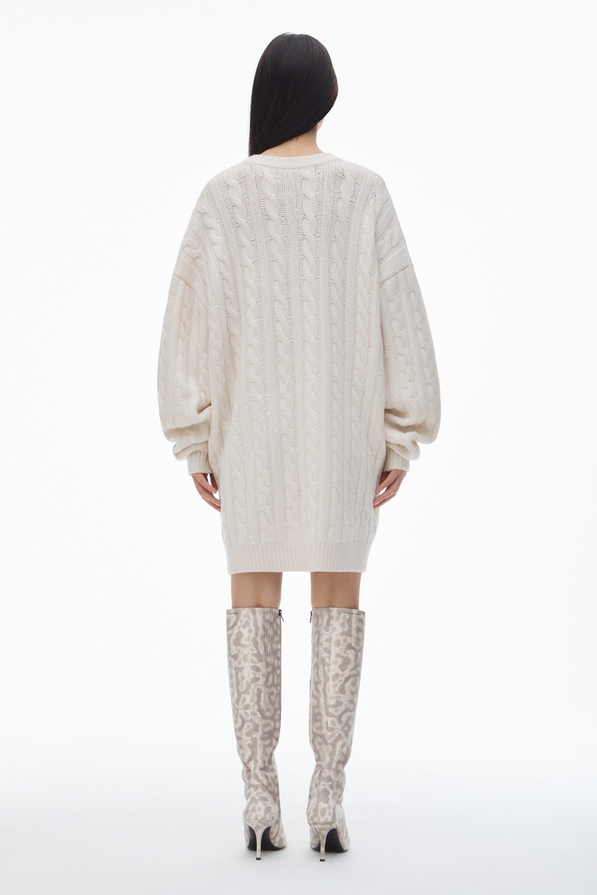 Clear Bead Hotfix Cable-Knit Cardigan in Boiled Wool - 5