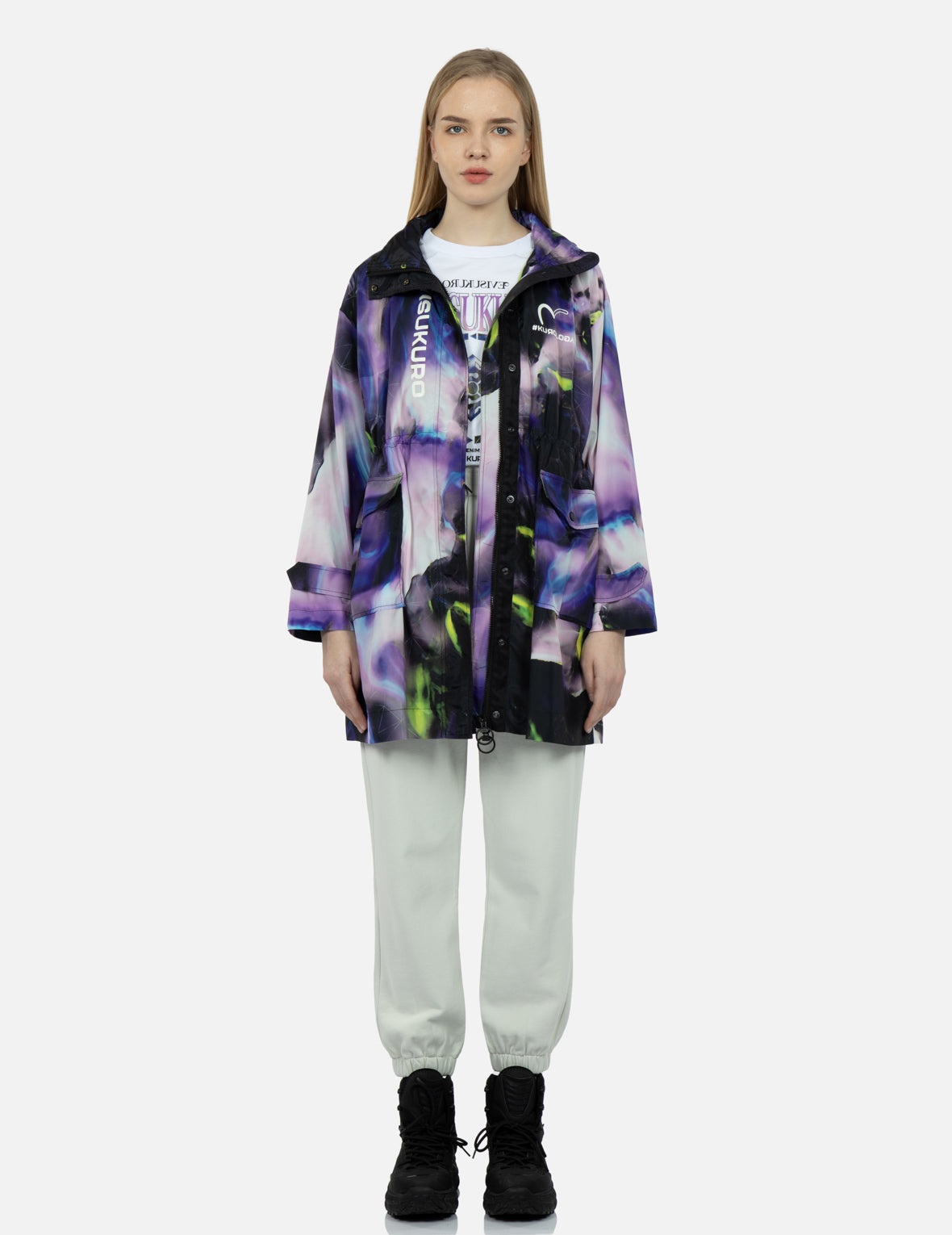 Abstract Print Hooded Wind Coat - 6