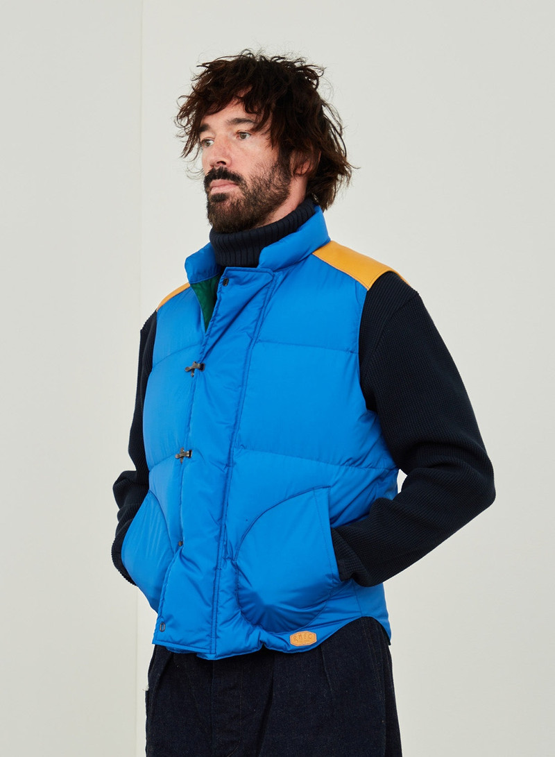 Nigel Cabourn Rocky Mountain Featherbed x Nigel Cabourn Down Vest Clip in Blue outlook