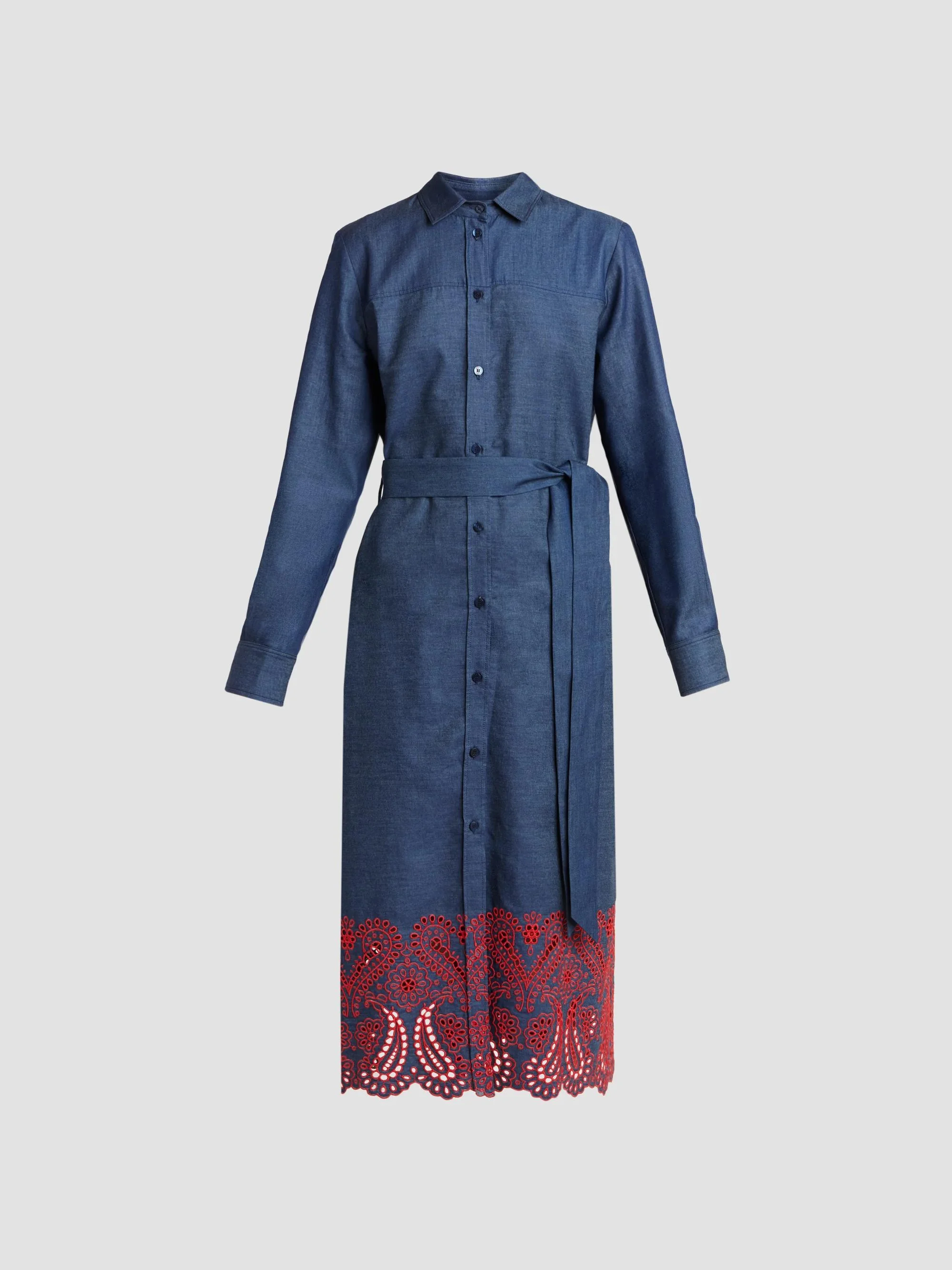 Women's Sangallo Embroidered Cotton-Blend Self-Belt Midi Shirtdress - Combined Variant - 1