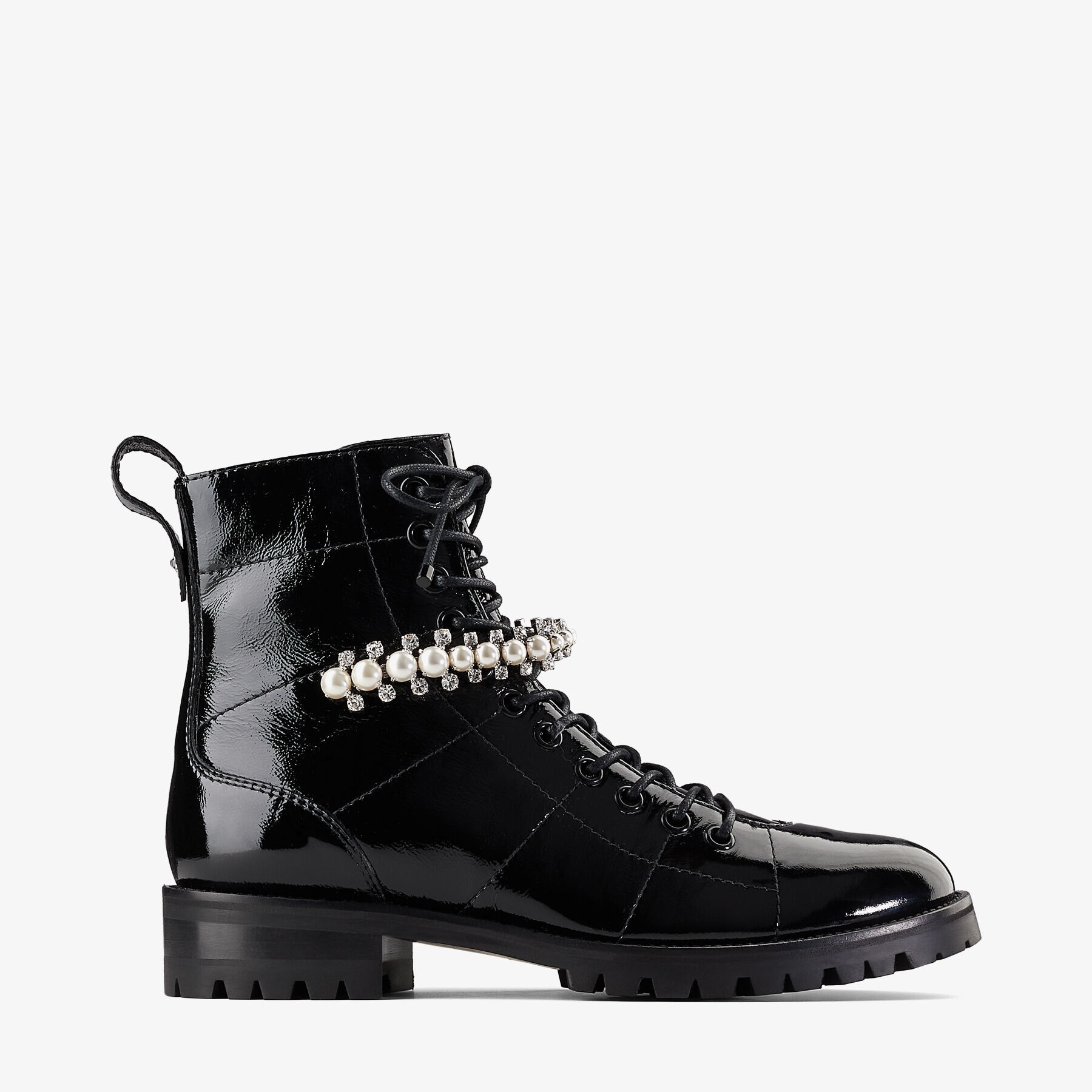 Cruz Flat
Black Naplack Flat Combat Boots with Crystal and Pearl Detailing - 1