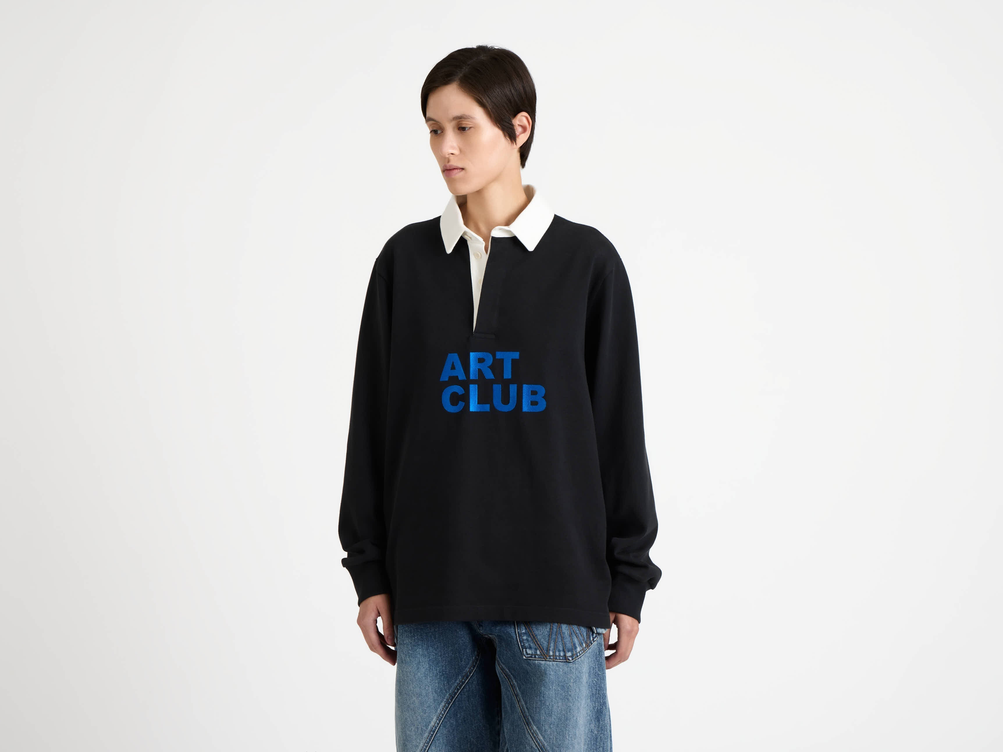 'ART CLUB' RUGBY POLO TOP IN WASHED BLACK - 6