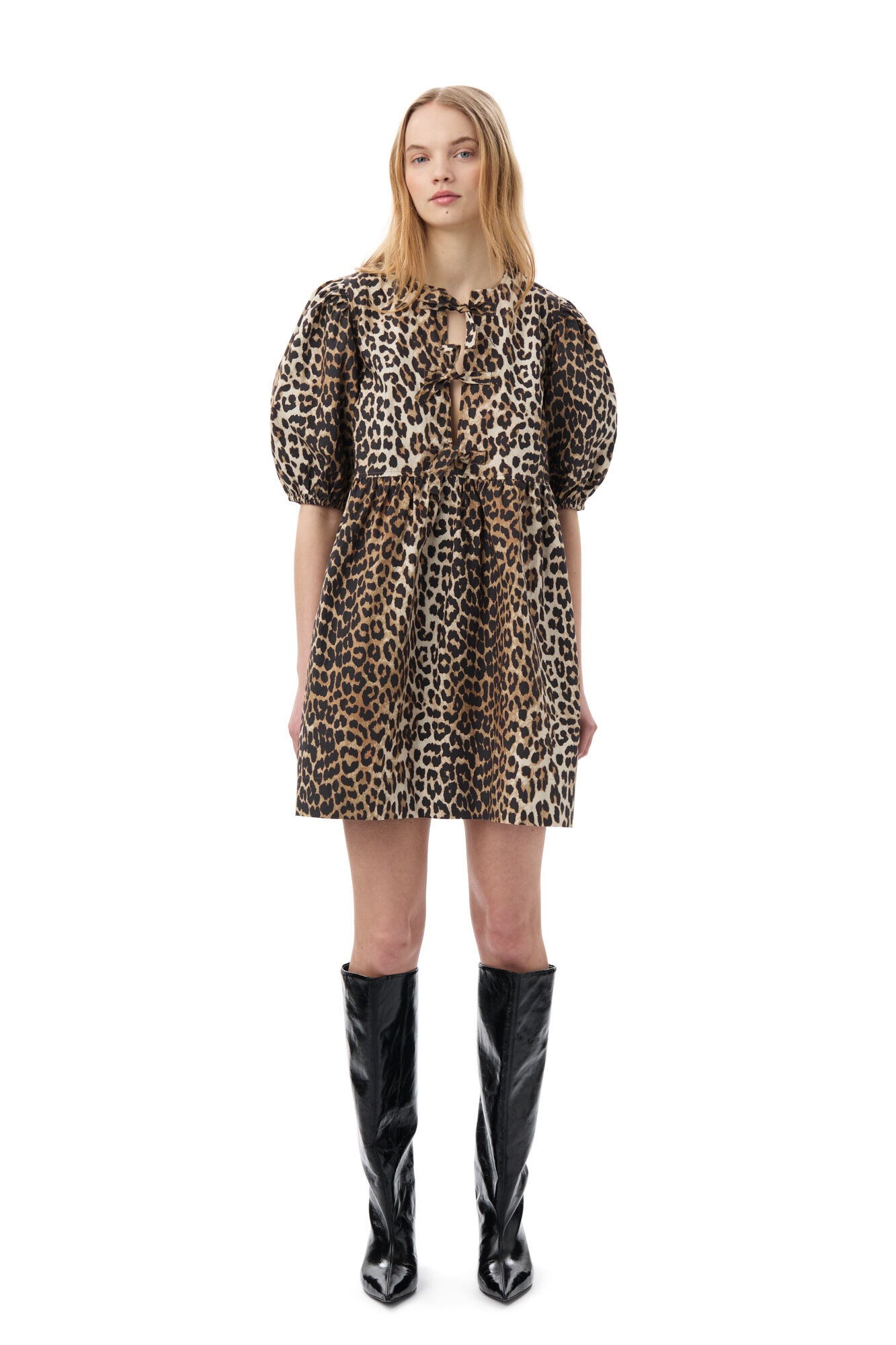 LEOPARD PRINTED COTTON TIE STRING MINI DRESS - 3