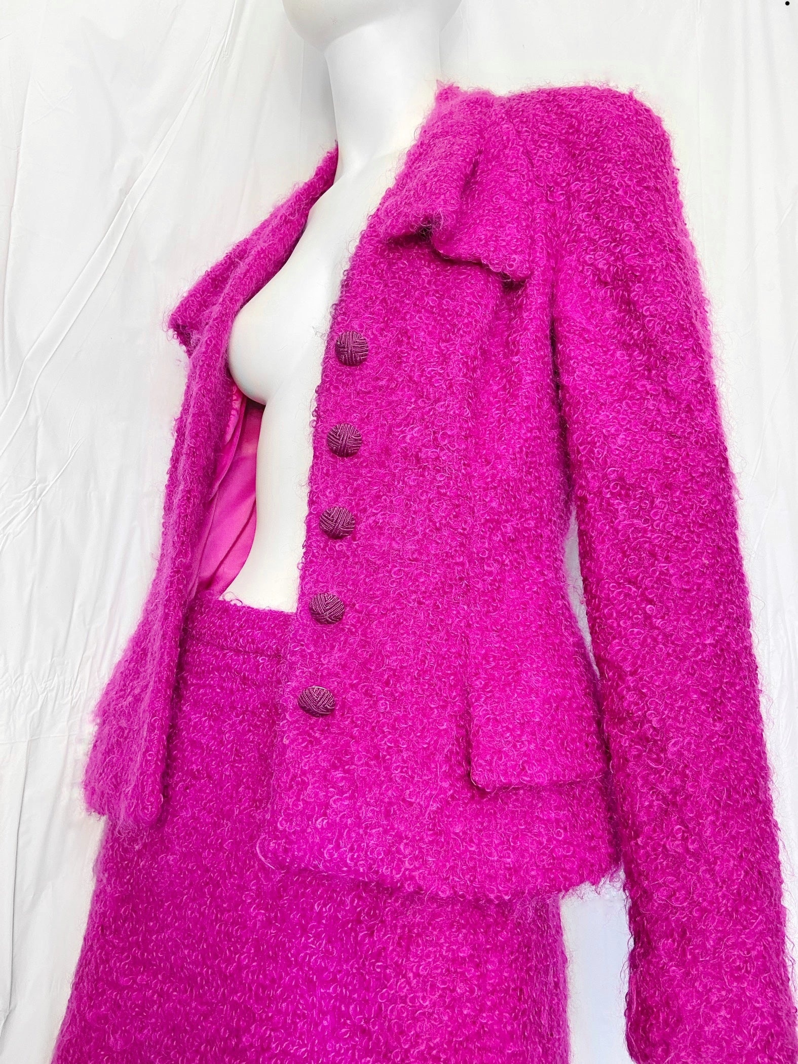 Christian Dior Fall 1997 John Galliano Fuschia Mohair Bar Jacket Skirt Suit - 9