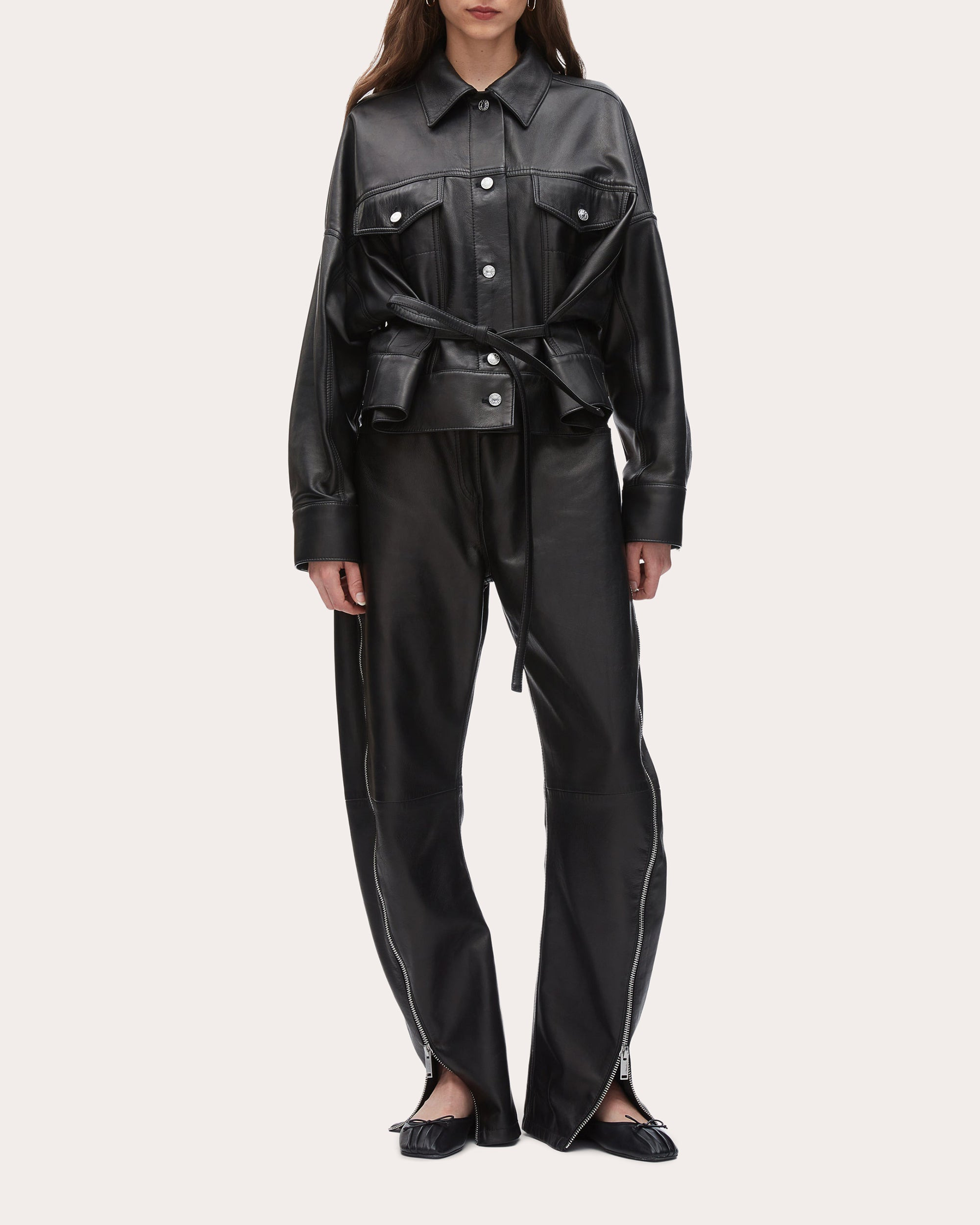 Tie-Detailed Plonge Leather Jacket - 6