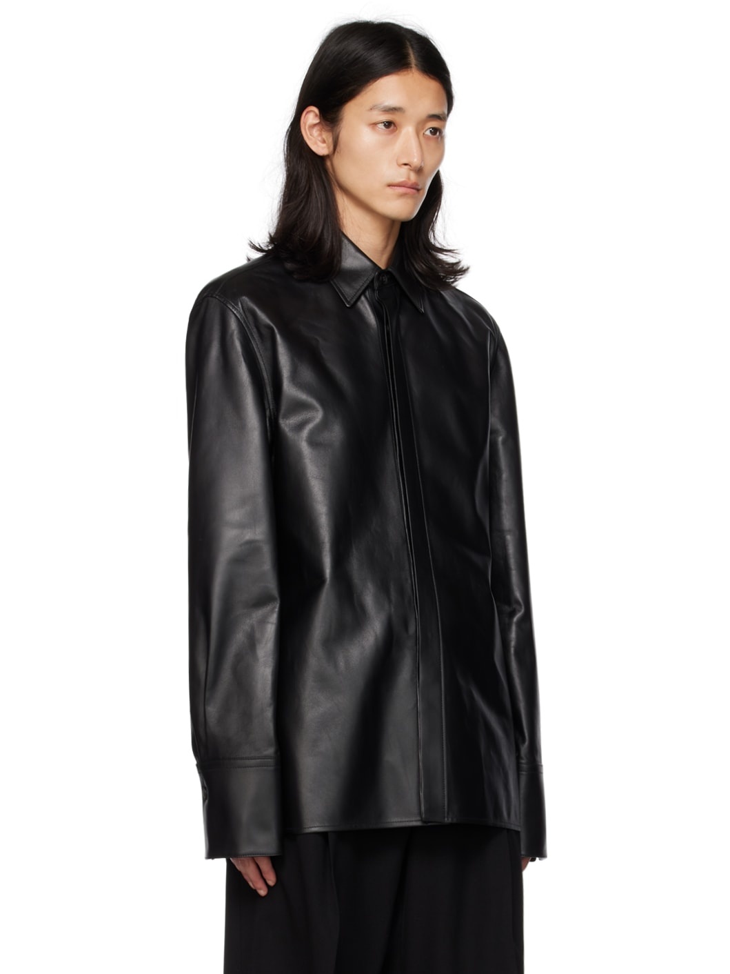 Black Paneled Leather Shirt - 2