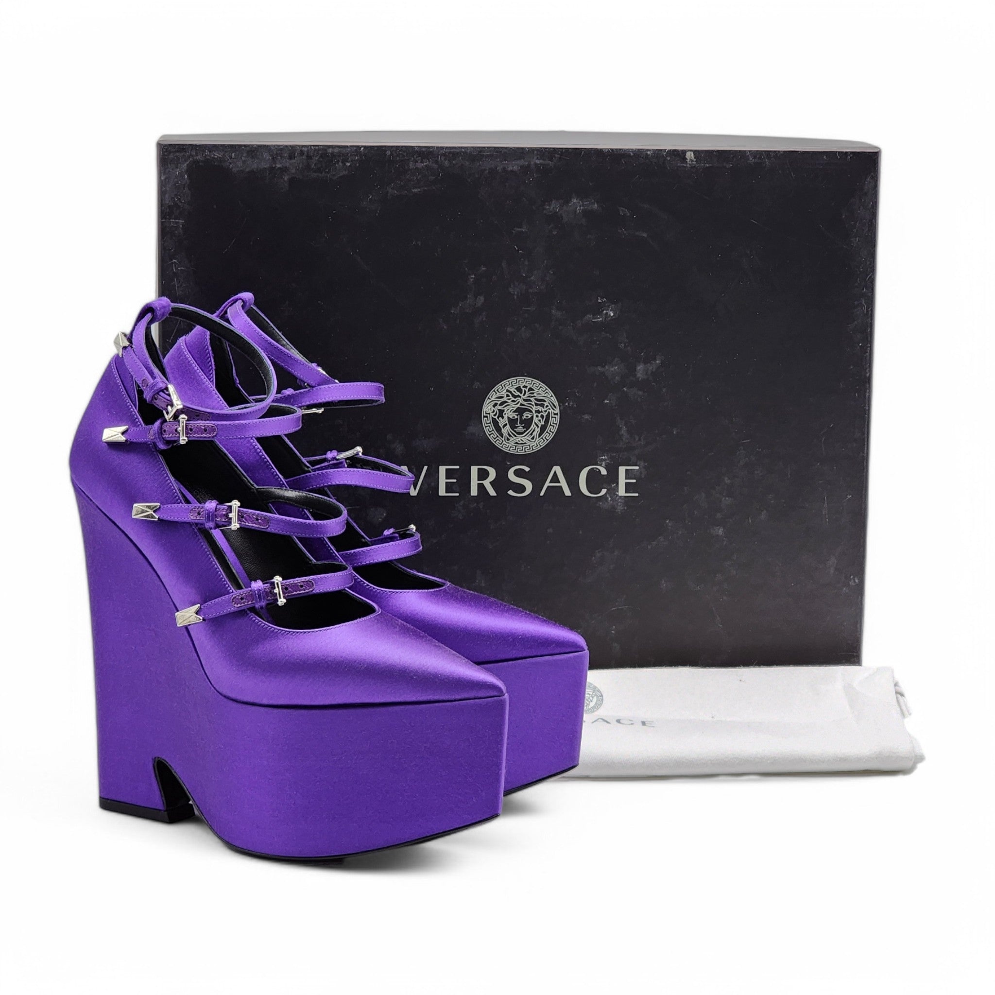Versace Tempest Strappy Platform Pumps - Satin - Purple 38.5 - 8